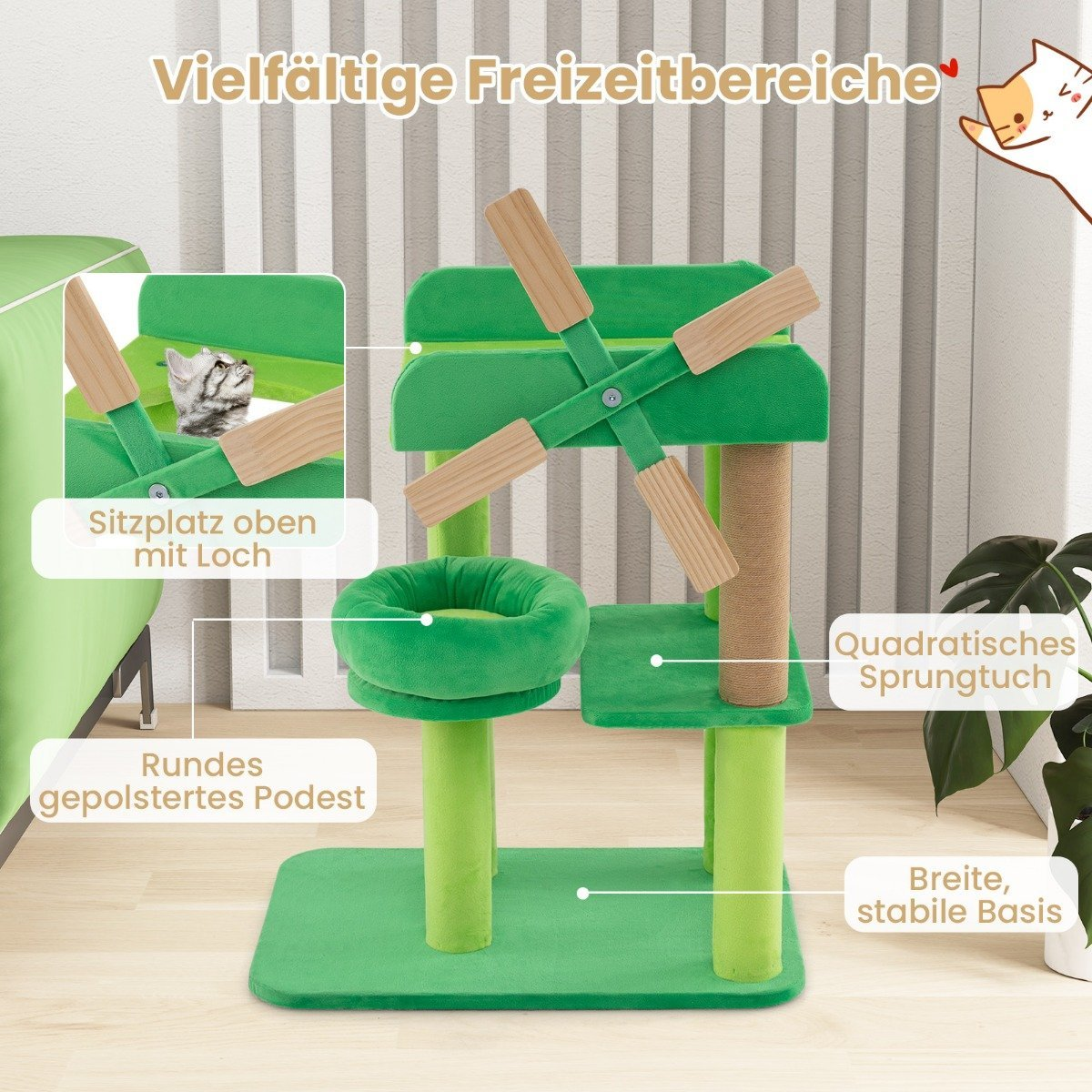Un árbol para gatos verde con múltiples niveles, un poste rascador y un gato sentado en una percha superior. El árbol tiene un diseño de molino.