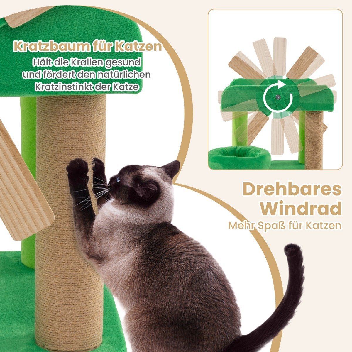 Un gato está rascando un rascador. El árbol tiene elementos verdes y beige. Un molino de viento se muestra en el fondo.