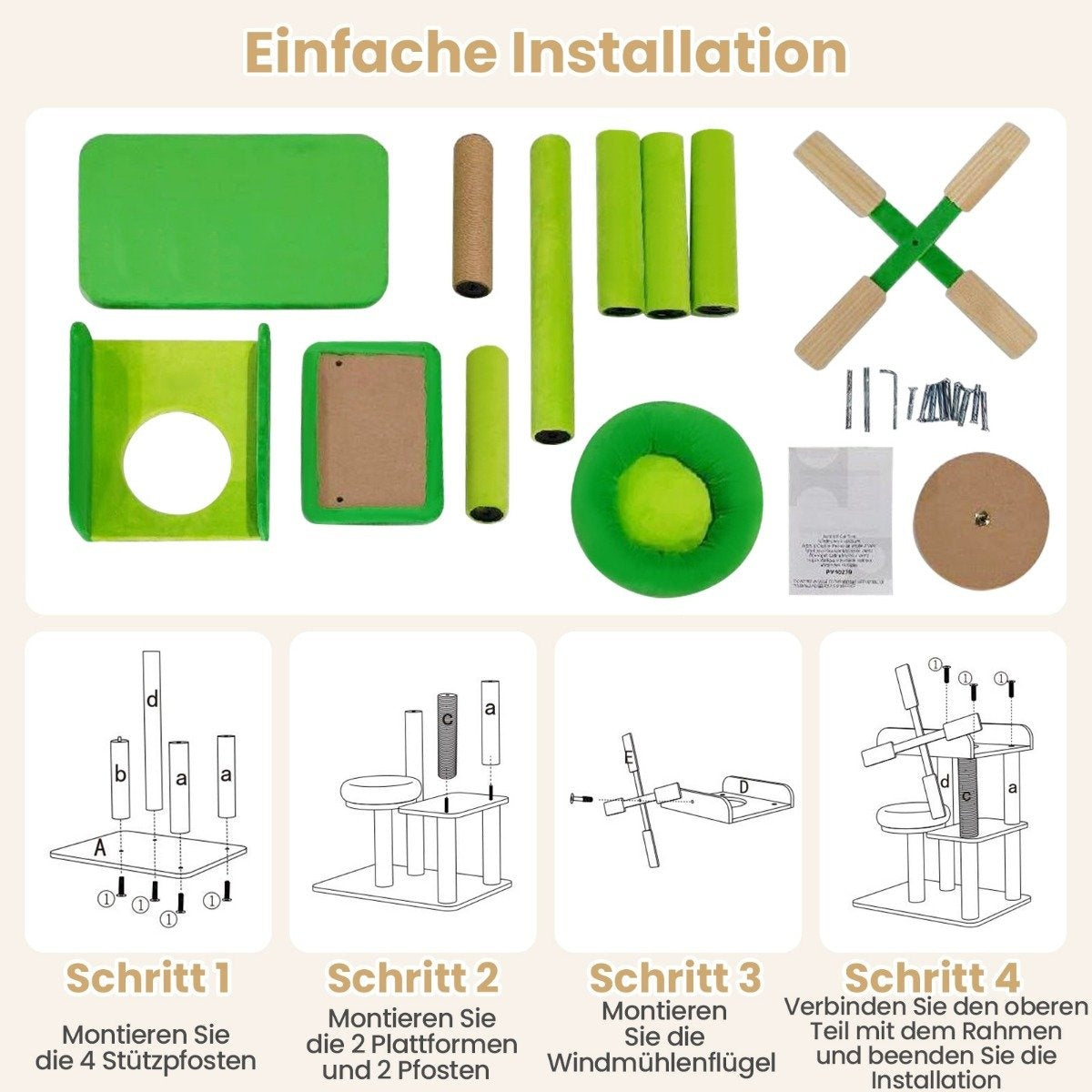 Instrucciones de montaje para un árbol para gatos. Incluye plataformas verdes, postes, cama redonda y estructura de molino.