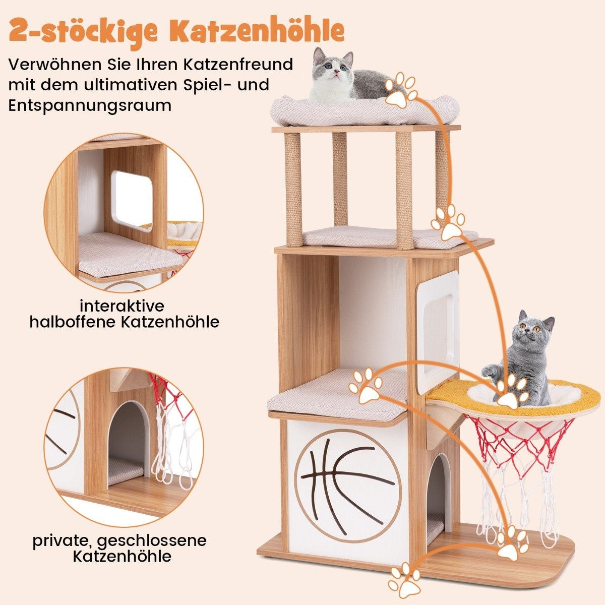 Árbol para gatos con dos gatos. Tiene una canasta de baloncesto, una cama y postes para rascar. La estructura es de madera.