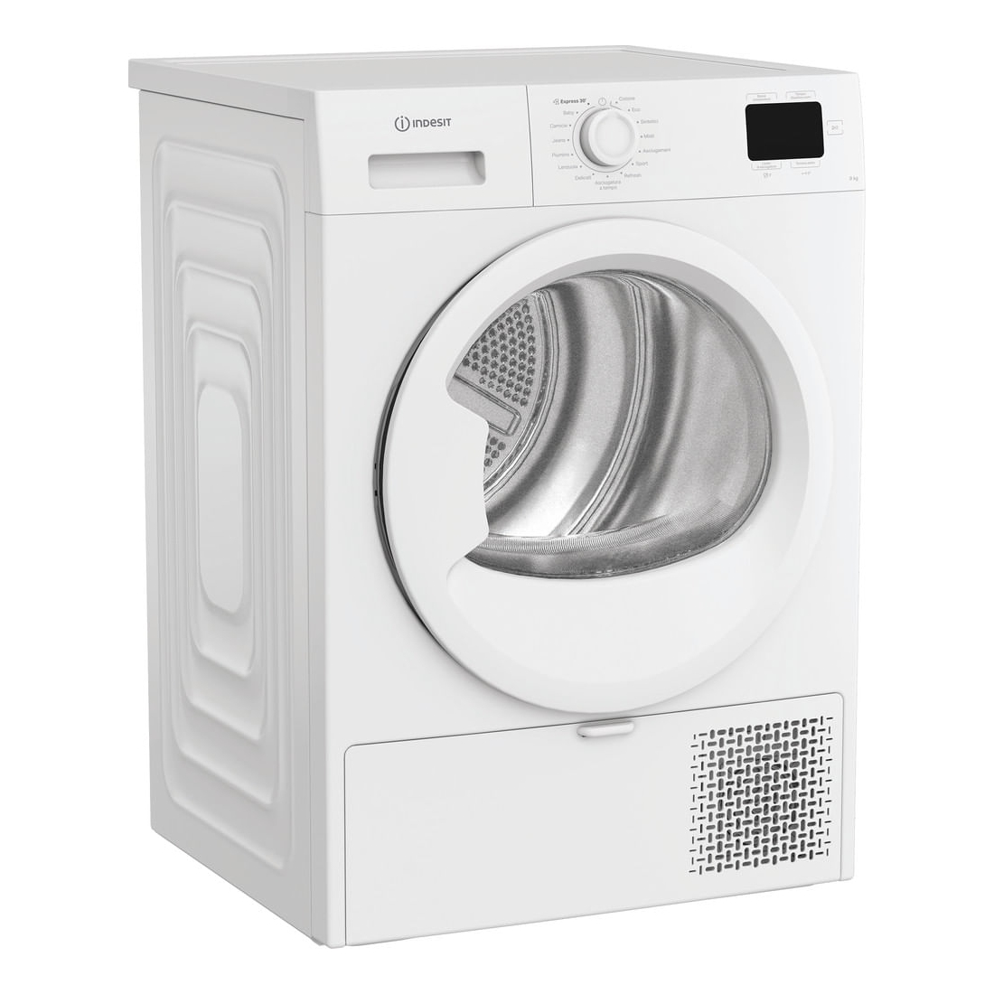 Un'asciugatrice Indesit bianca. Ha una porta rotonda, un pannello di controllo e un piccolo cassetto. Il design è moderno e minimalista.