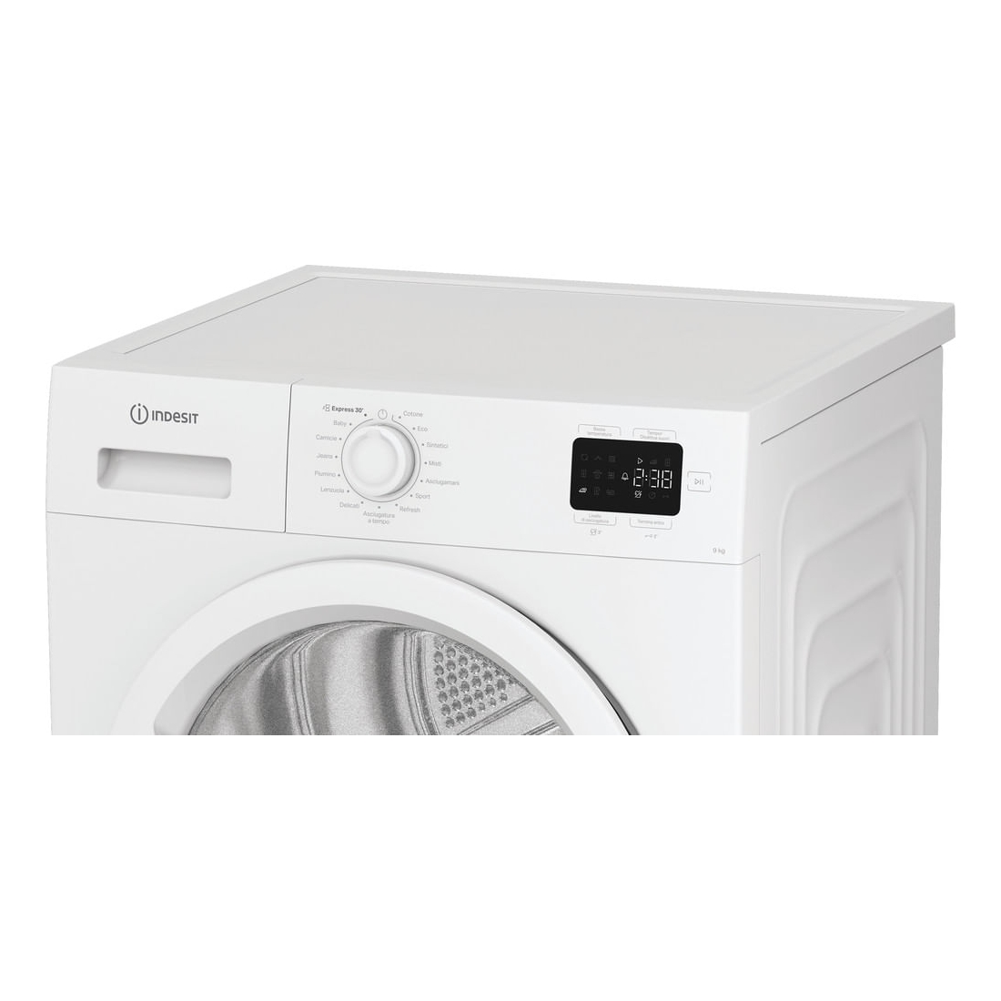 Un'asciugatrice Indesit bianca. Ha un pannello di controllo con display digitale. L'oblò è chiuso, il logo del marchio è visibile.