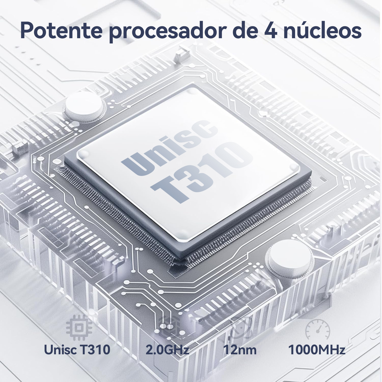 Primo piano di un processore. Ha il nome Unisc T310, 4 core, 2,0 GHz, 12 nm e 1000 MHz.