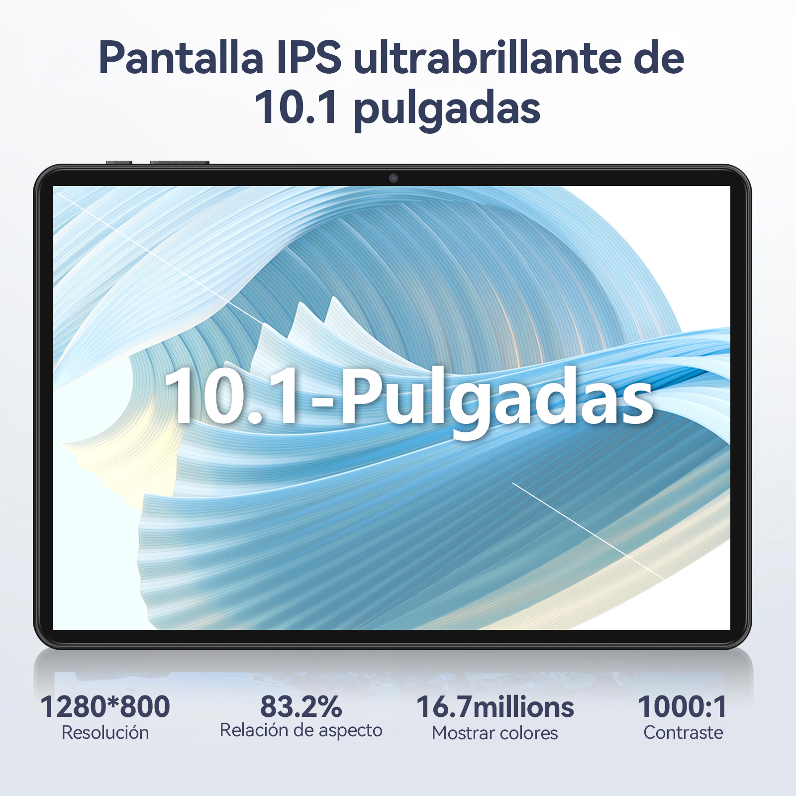 Schermo tablet con design astratto blu e bianco, con specifiche: 10,1 pollici, risoluzione 1280x800, rapporto d'aspetto 83,2%.