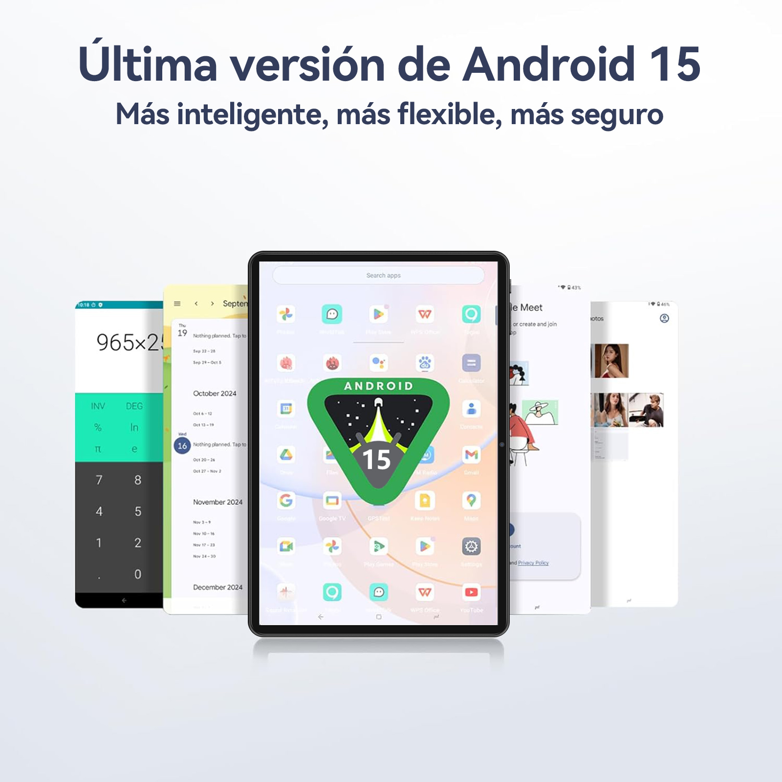Android 15 se muestra en la pantalla de una tableta, rodeado de pantallas de aplicaciones. Un logotipo verde y negro de Android 15 es prominente.
