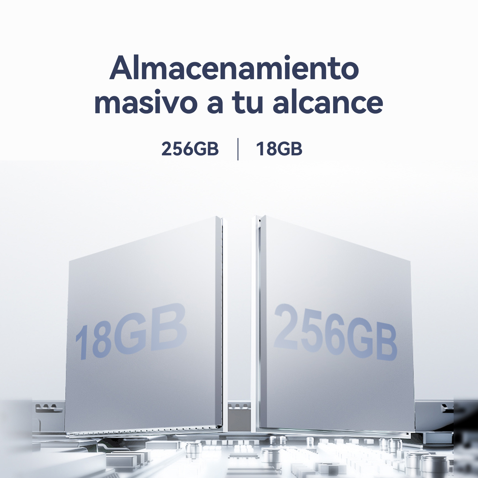L'immagine mostra opzioni di archiviazione: 256 GB e 18 GB. Blocchi bianchi con la capacità di archiviazione al centro.