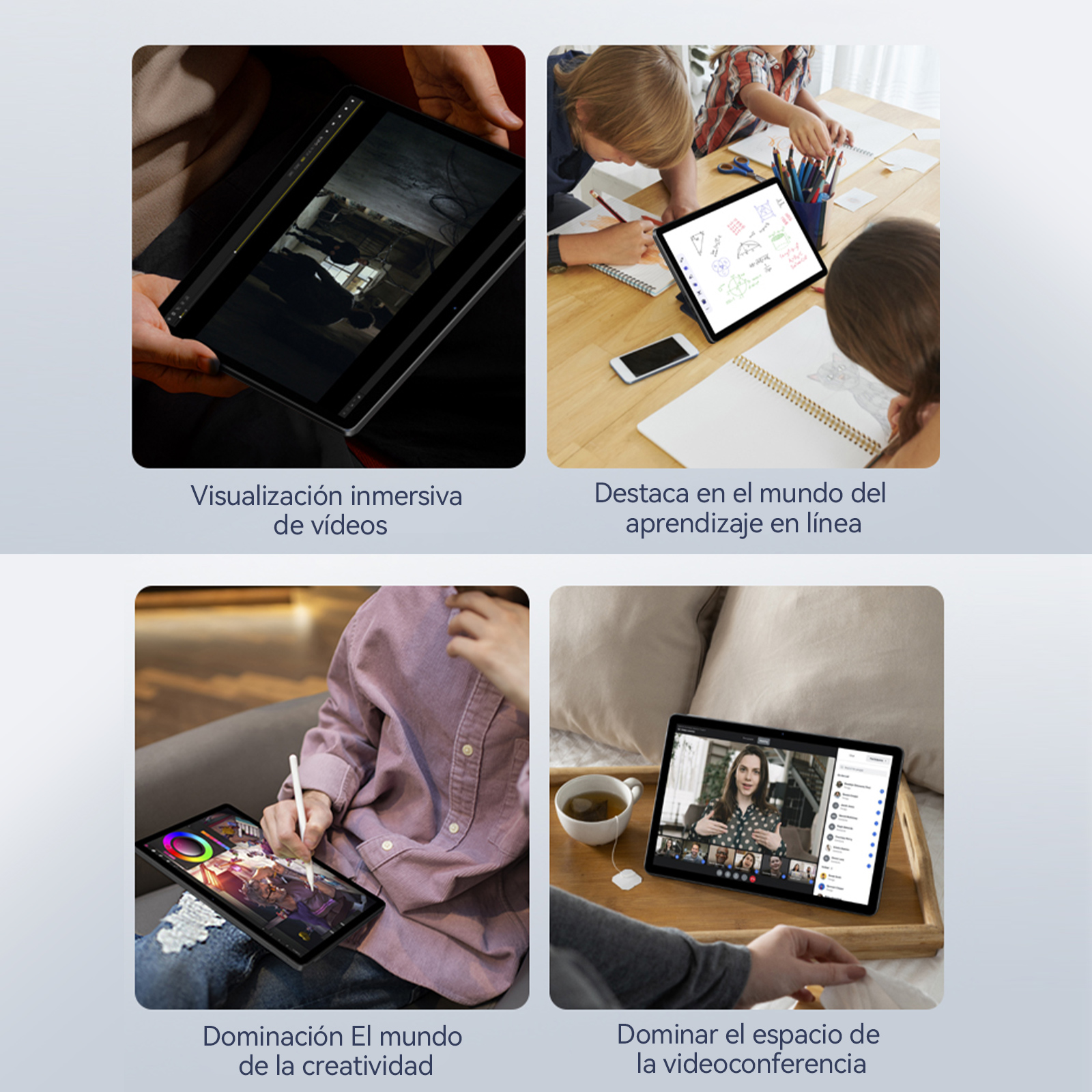 L'immagine mostra un tablet con editing video, studenti che usano un tablet con appunti, disegno e videoconferenza.