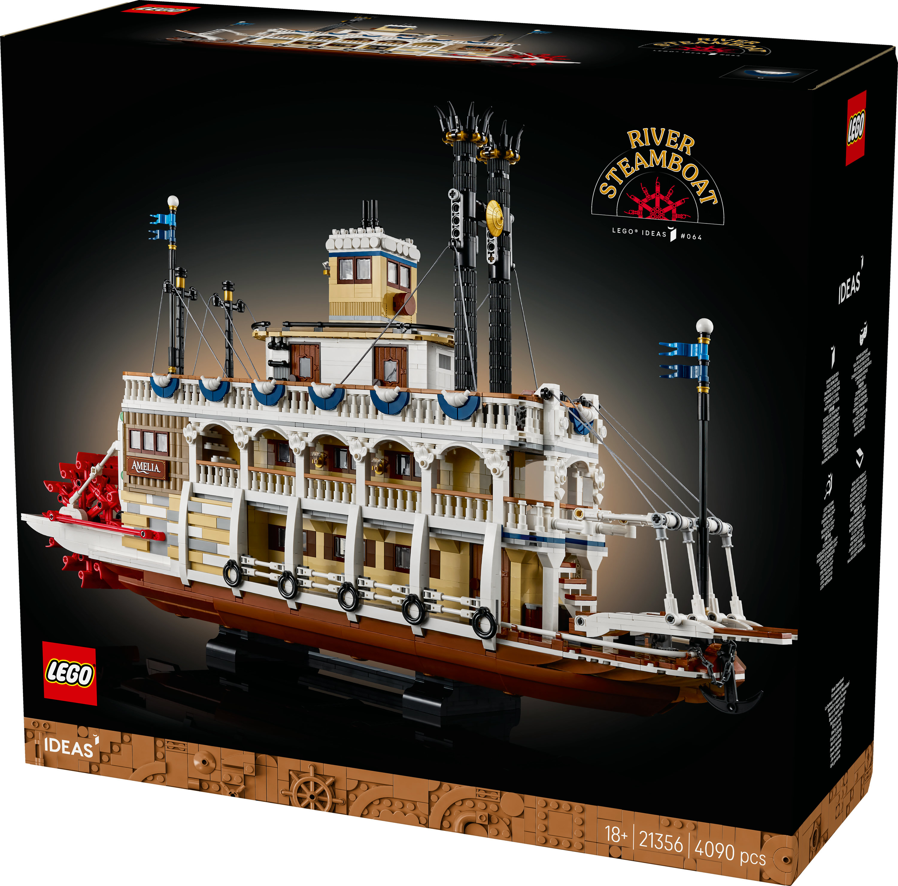 Pudełko LEGO River Steamboat. Model łodzi z kołem łopatkowym i wieloma pokładami na czarnym tle.