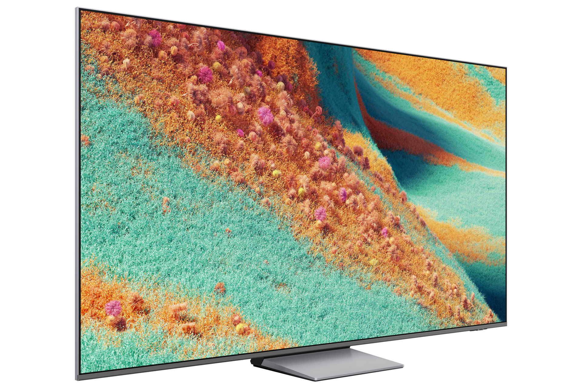 Ein großer Fernseher zeigt abstrakte Kunst mit Texturen in Orange, Pink und Grün. Der Fernseher ist silberfarben und steht auf einem passenden Ständer.