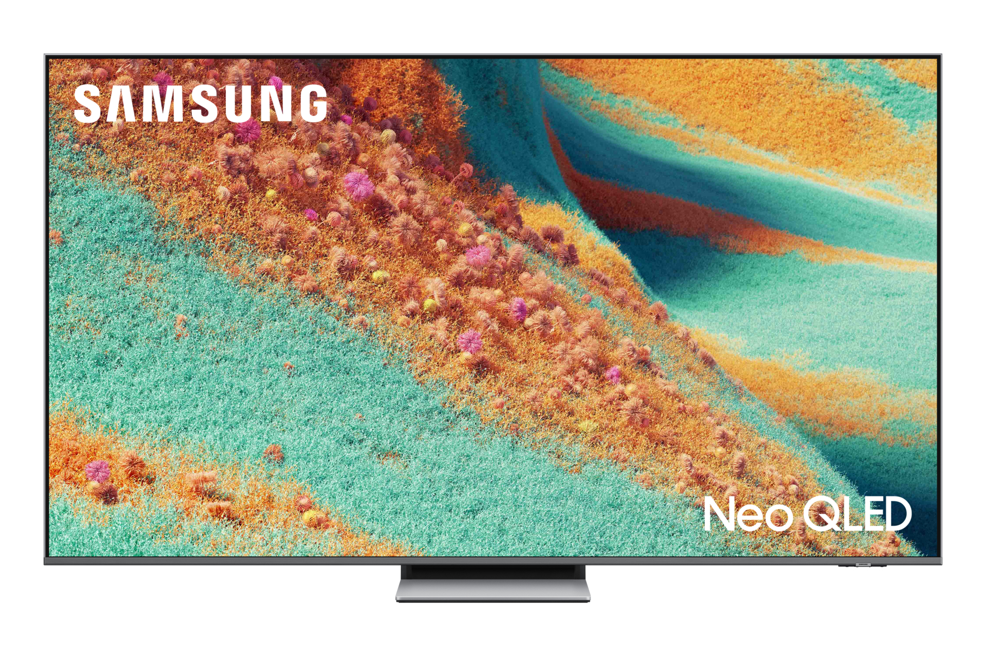Samsung Neo QLED TV. Das Display zeigt eine abstrakte Landschaft mit grünen, orangefarbenen und rosa Texturen. Silberner Ständer unten.