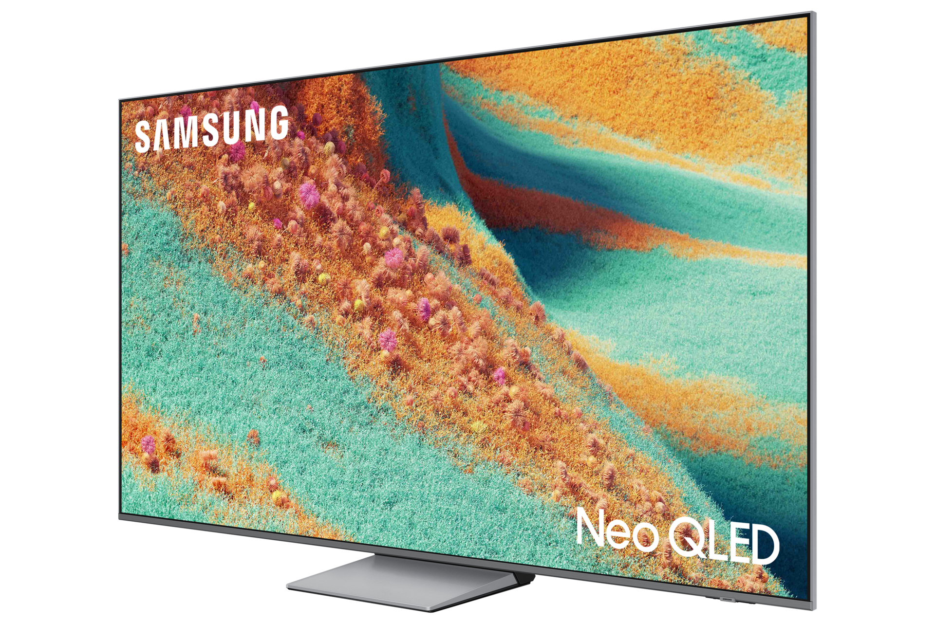Samsung Neo QLED Fernseher. Der Bildschirm zeigt eine abstrakte Landschaft in Orange, Rosa und Grün. Ein silberner Standfuß stützt den Bildschirm.