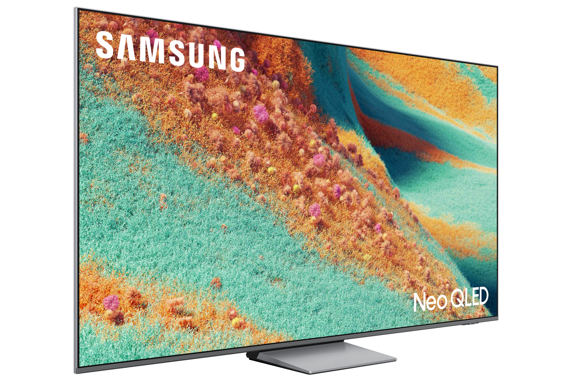 Samsung Neo QLED-Fernseher zeigt eine abstrakte Landschaft mit grünen, orangefarbenen und rosa Elementen. Der Fernseher steht auf einem silbernen Ständer.