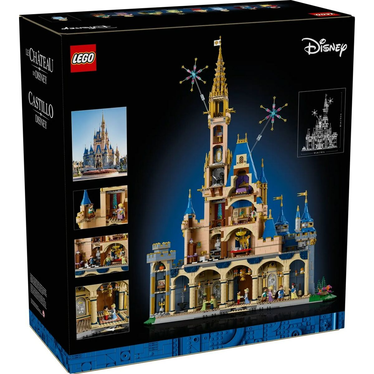 Pudełko zamku LEGO Disney. Wyświetla szczegółowy model zamku LEGO z wieloma scenami wewnętrznymi i zdjęciem prawdziwego zamku.