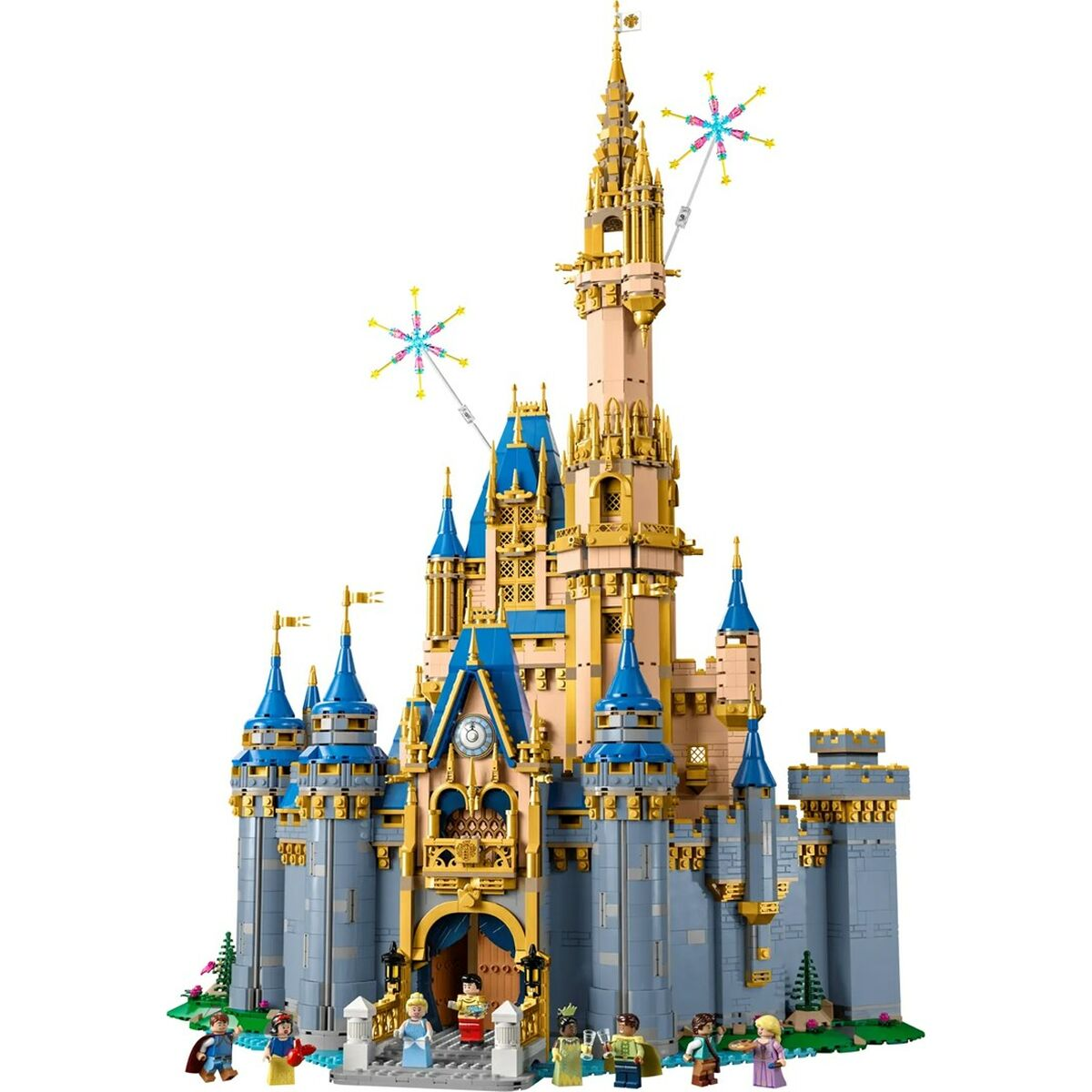 Zamek Lego Disney, niebieskie i złote akcenty, z figurkami z przodu. Fajerwerki na górze. Białe tło.