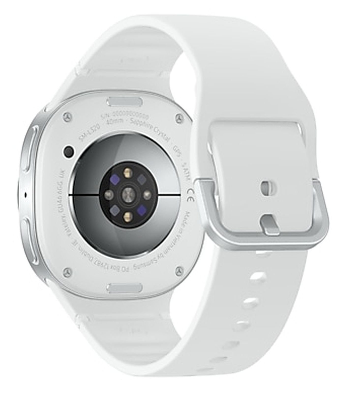 Vista posteriore di smartwatch bianco con cinturino. Include sensore, fori del cinturino e dettagli dell'orologio. Fibbia argento.
