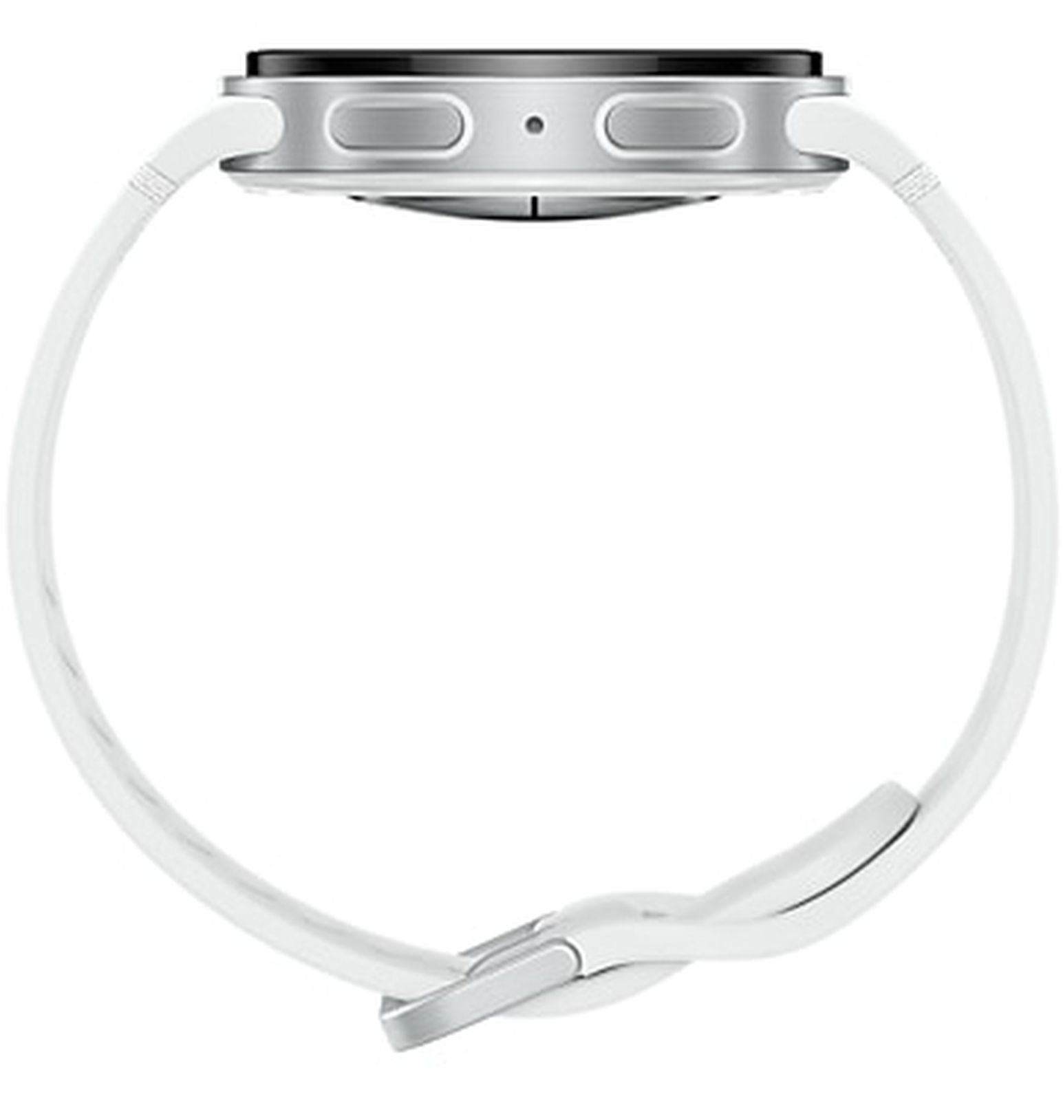 Uno smartwatch bianco con cinturino bianco e fibbia argentata. Il quadrante è nero e argento.