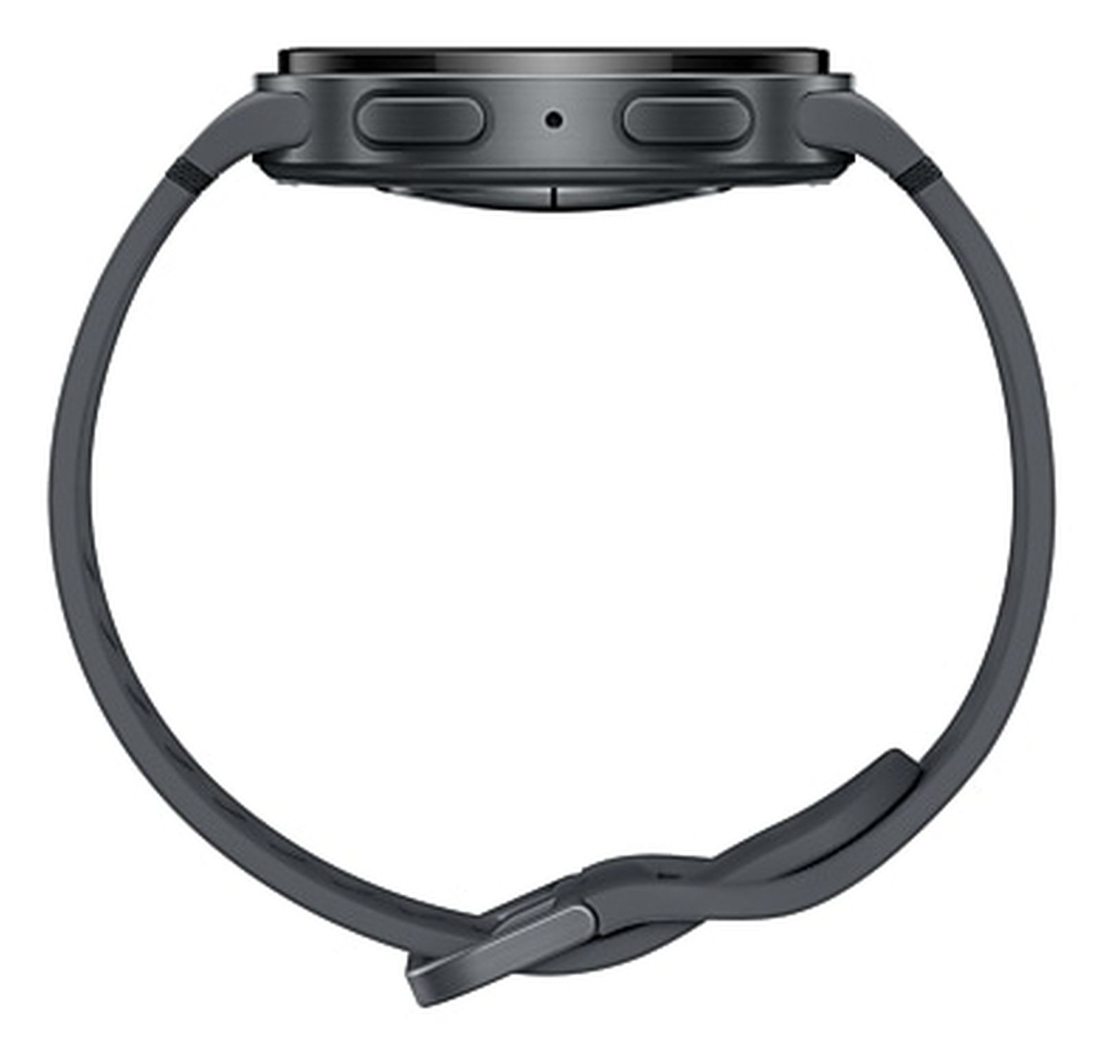 Een donkergrijze smartwatch met bijpassende band. De wijzerplaat heeft twee knoppen en een kleine stip. De band is gesloten.