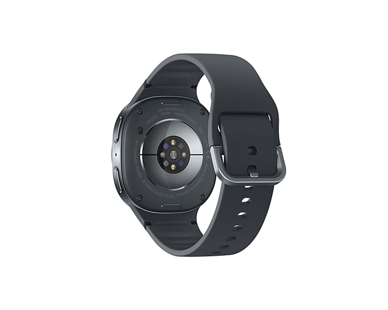 Een donkergrijze smartwatch met bijpassende band wordt van achteren getoond. Het horloge heeft een hartslagsensor en productinfo.