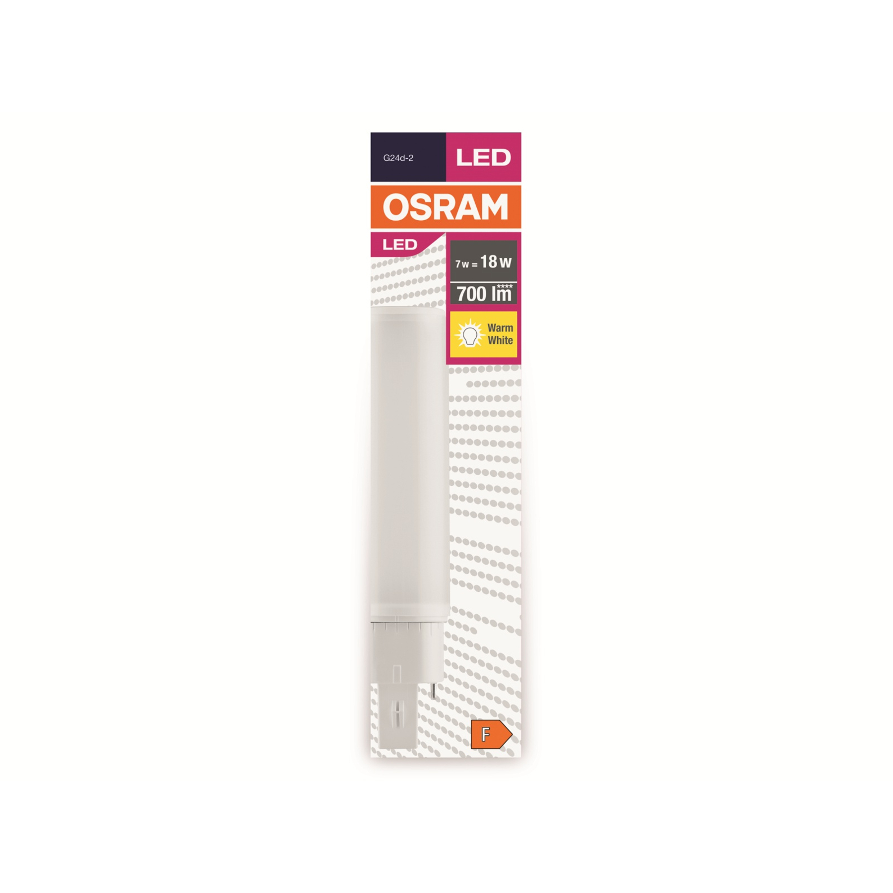Una lampadina LED OSRAM, con informazioni sul prodotto sulla confezione. Luce bianca calda, 7W, equivalente a 18W.