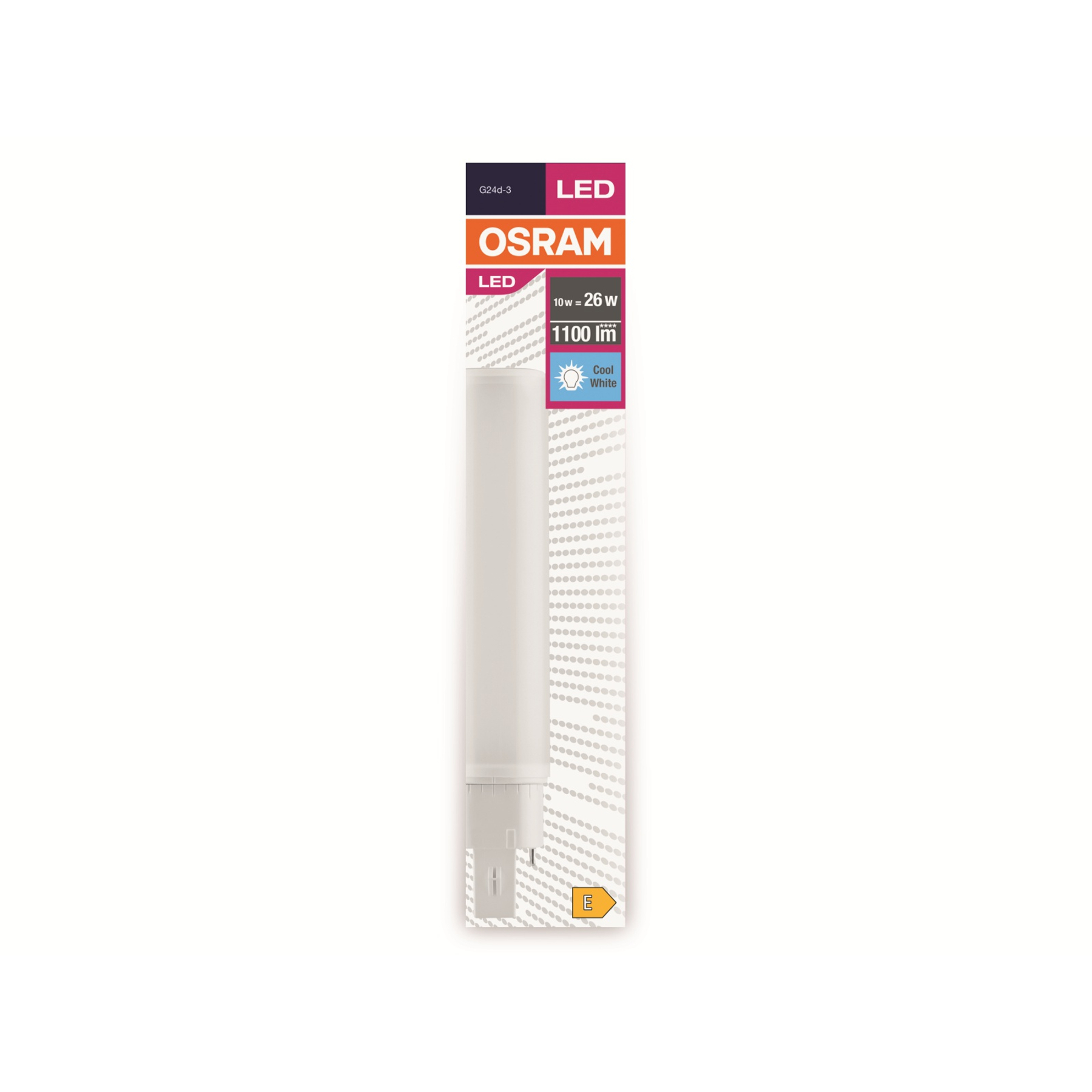 Eine weiße OSRAM LED-Glühbirnenverpackung. Es zeigt die technischen Daten der Glühbirne und die Energieeffizienz.