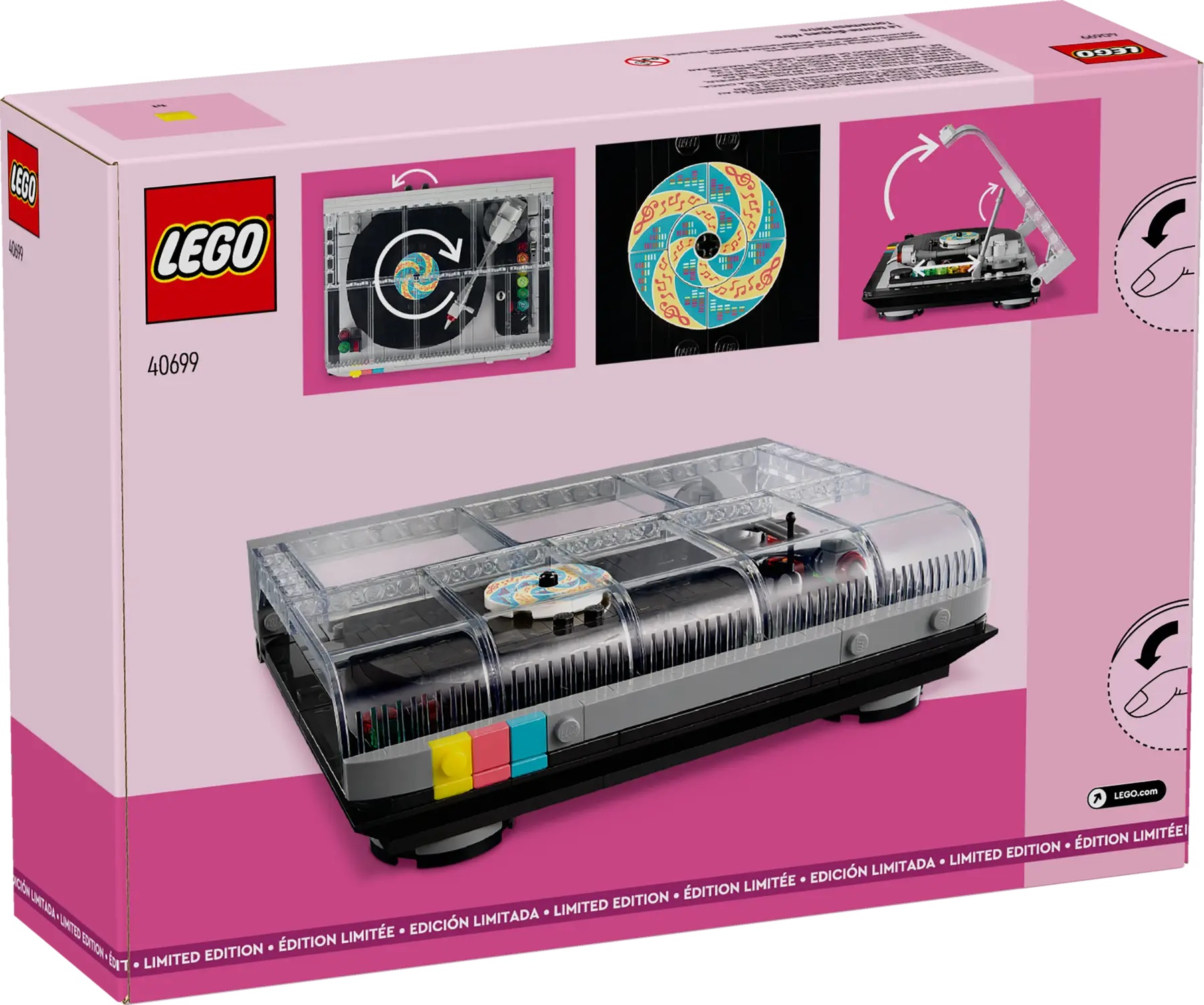 Una scatola Lego con un modello di giradischi. La scatola è rosa e bianca, con dettagli del modello e il logo Lego.
