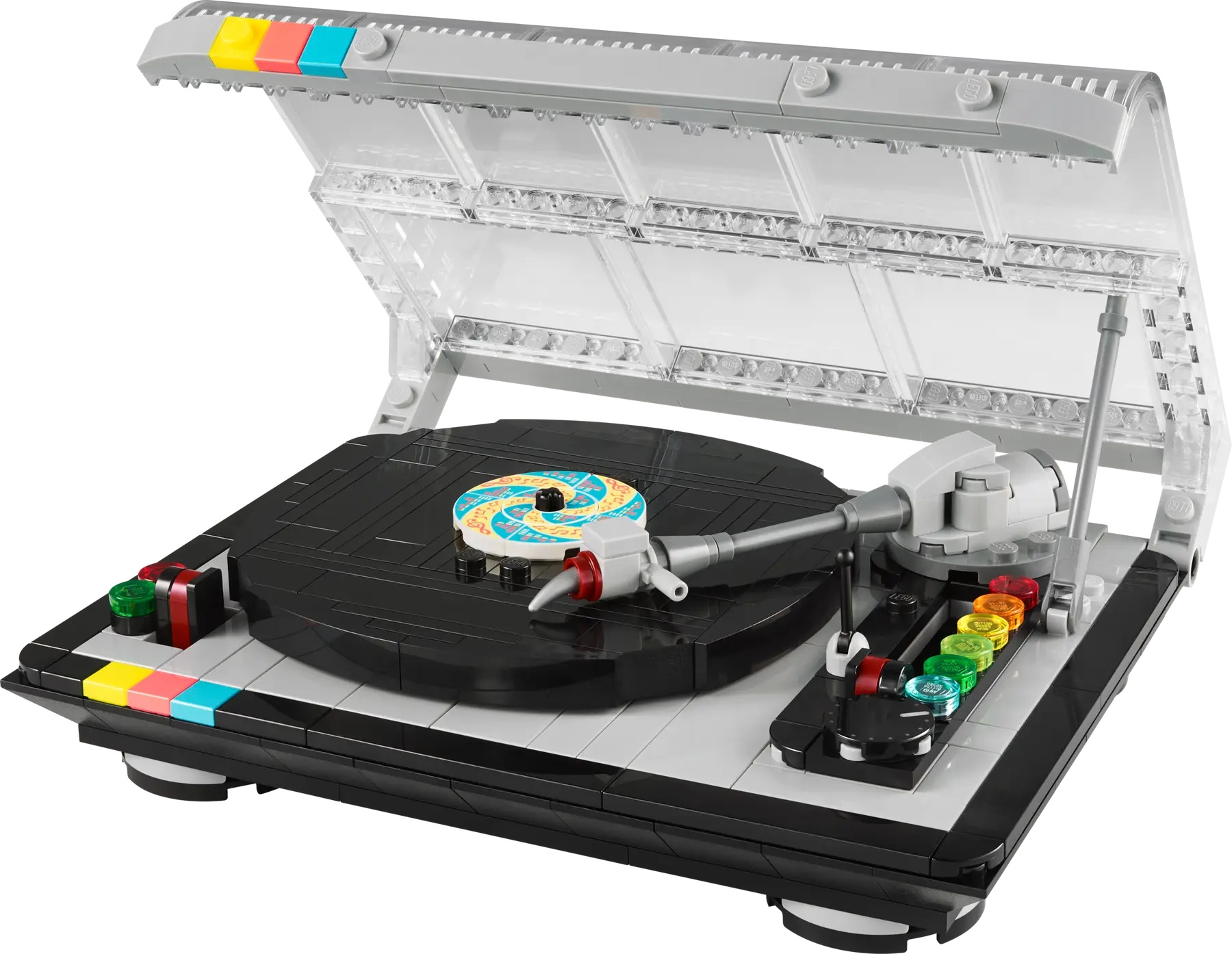 Giradischi Lego. Superficie nera con un disco e un ago. Cornice grigia con pulsanti colorati e una copertura trasparente.