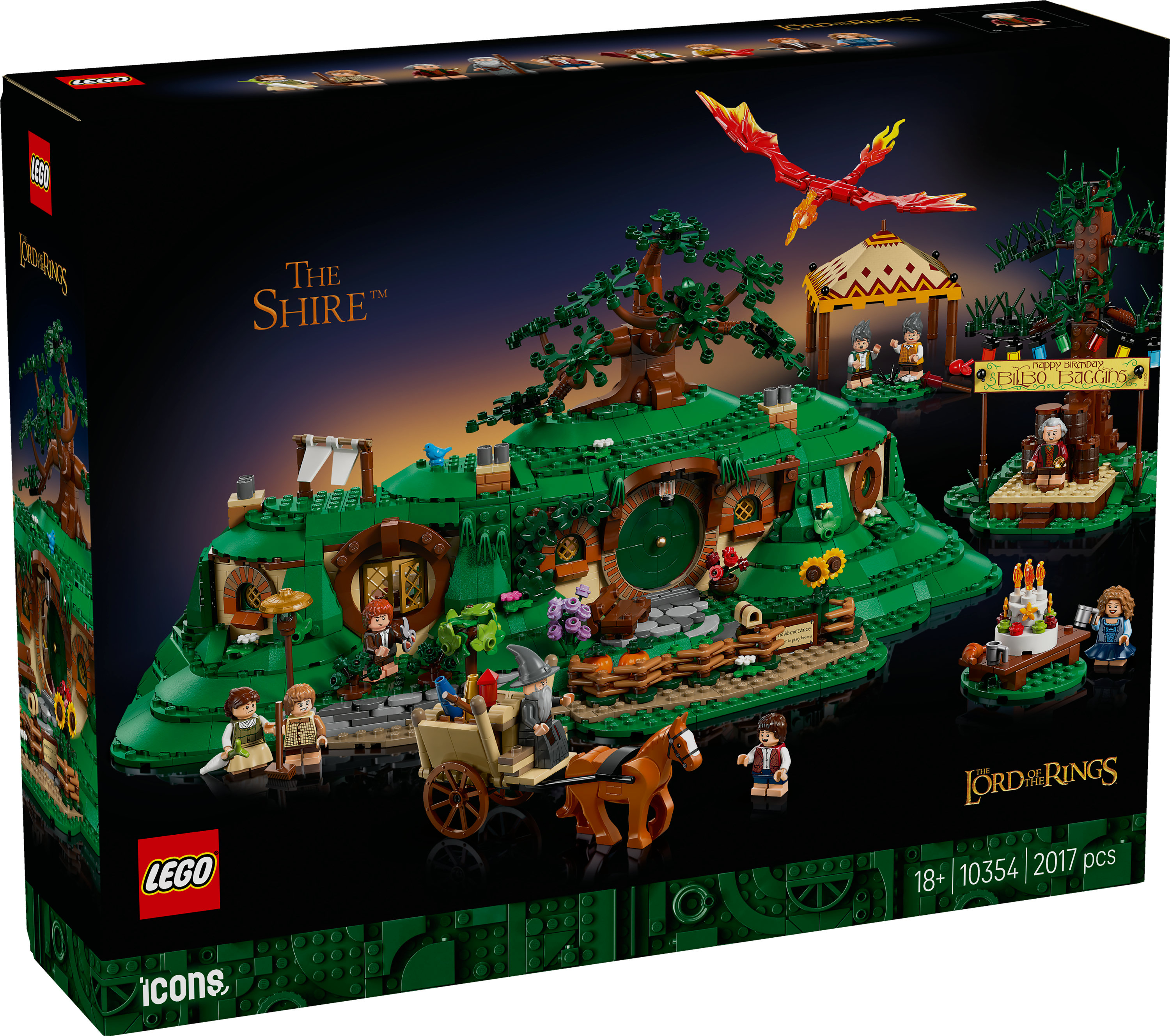 Pudełko zestawu Lego. Scena z Shire. Zawiera dom hobbita, figurki, wózek ciągnięty przez konia i czerwonego smoka.