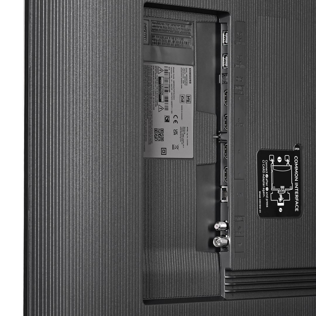 Tył telewizora Samsung z portami, etykietami i gniazdem Common Interface. Zawiera połączenia HDMI, LAN i antenowe.