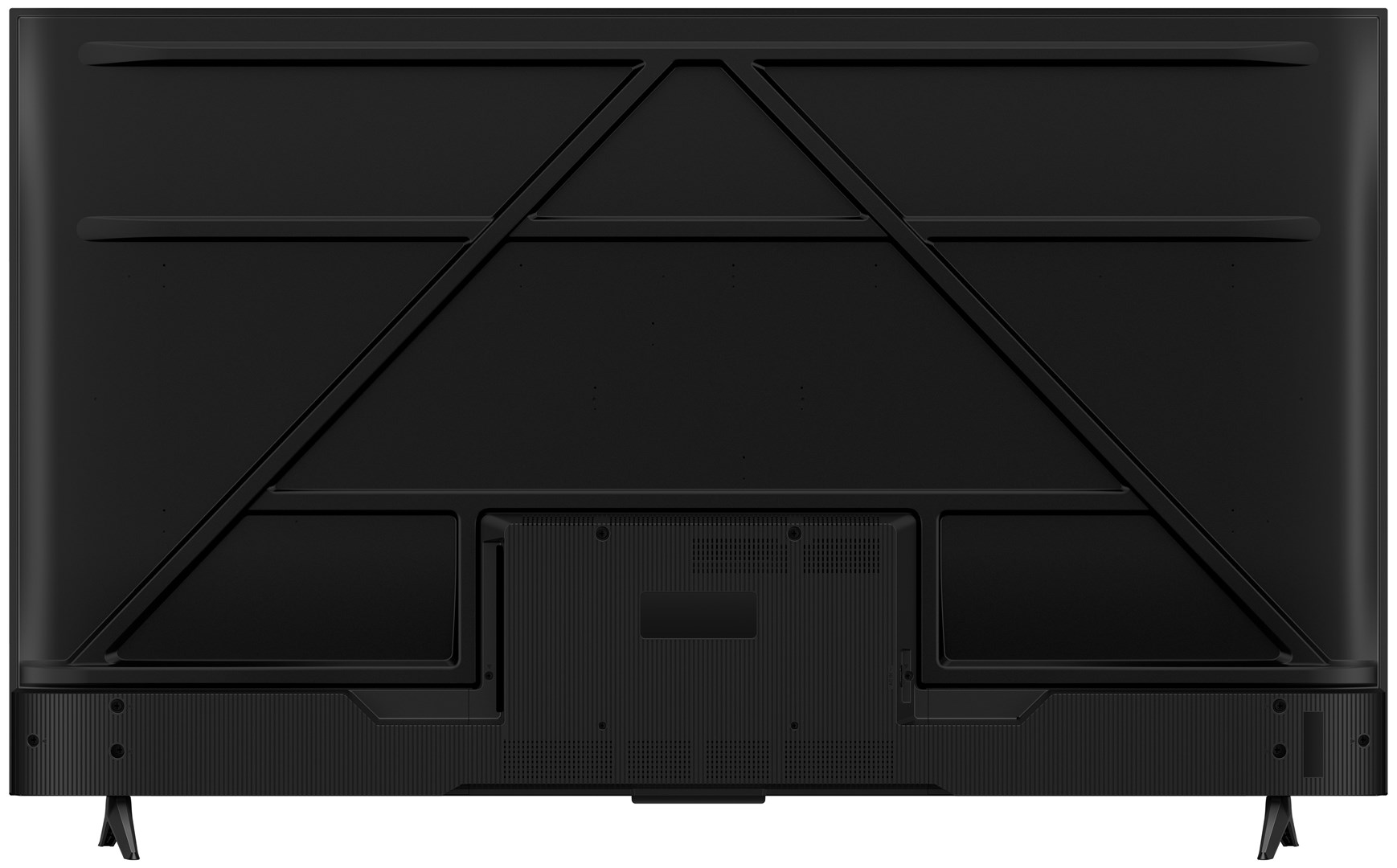 Tył czarnego telewizora. Ma konstrukcję nośną, kilka otworów na złącza i dwie nogi do stania.