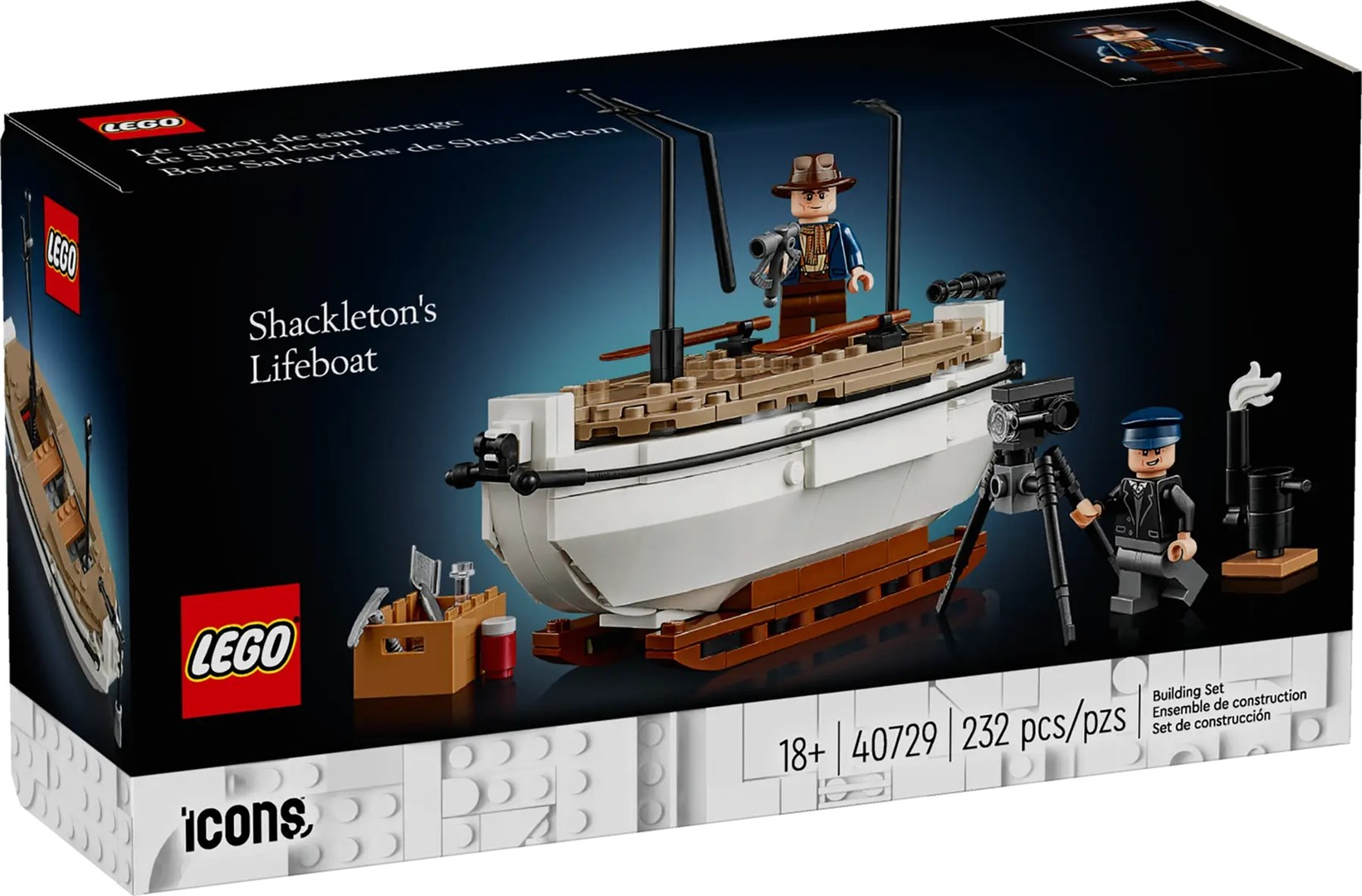 Pudełko zestawu Lego. Przedstawia model białej łodzi z brązowymi detalami, minifigurkami i akcesoriami. Na pudełku widnieje nazwa: Shackleton's Lifeboat.