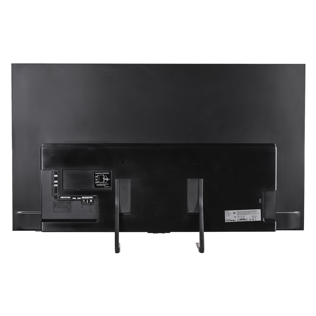 Arrière d'un téléviseur noir avec supports. Ports, étiquettes et une interface commune sont visibles. Le fond est gris foncé.
