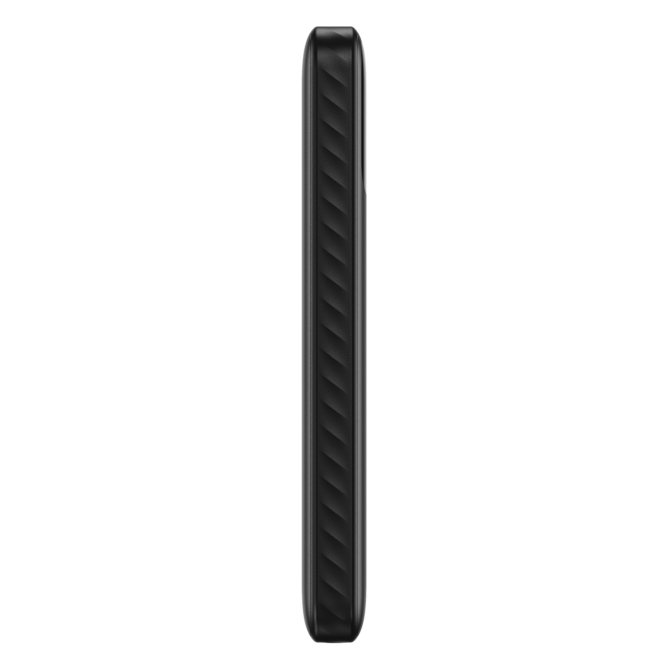 Vista laterale di un telefono cellulare nero. Il telefono ha un lato strutturato e una parte superiore liscia. Sfondo bianco.