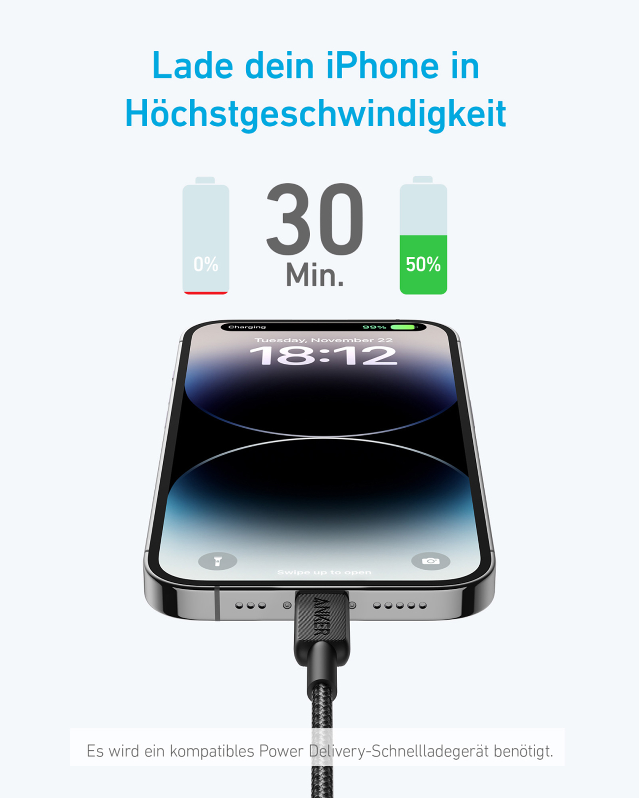 iPhone w trakcie ładowania. Pokazuje 0% do 50% w 30 minut. Kabel ładujący jest podłączony.