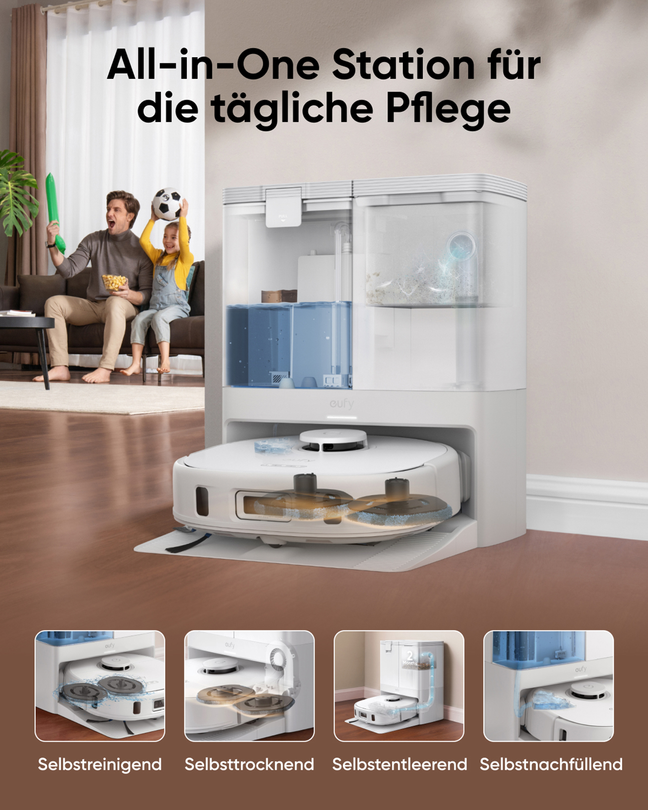 Rodzina ogląda telewizję, robot sprząta podłogę. Produkt to stacja czyszcząca typu „wszystko w jednym” z funkcją samooczyszczania.