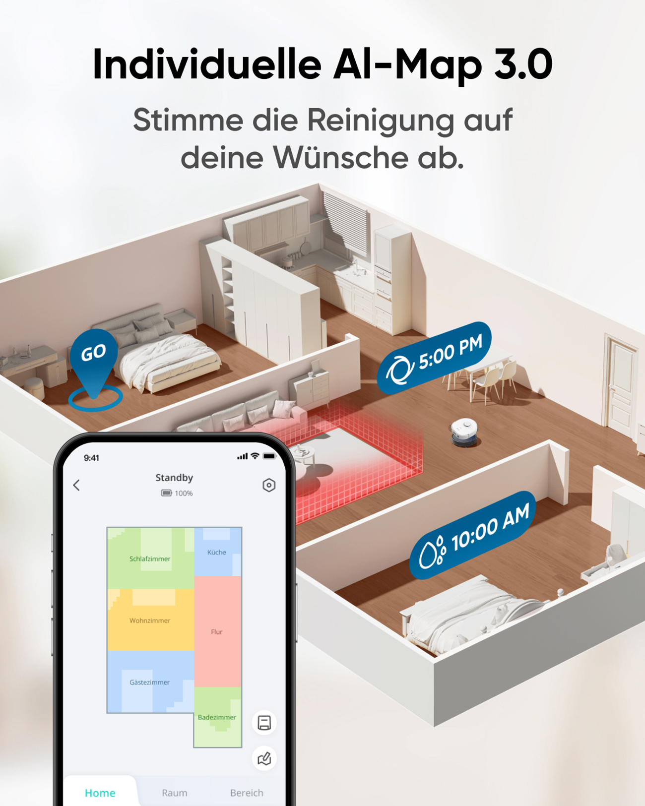 Ilustracja przedstawia plan piętra z robotem sprzątającym i telefonem z mapą sprzątania.