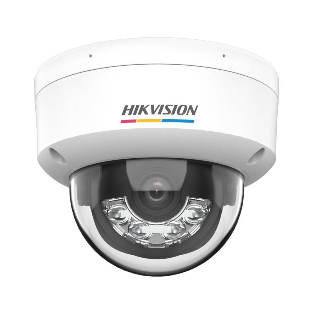 Eine weiße Hikvision-Überwachungskamera mit transparenter Kuppel, mit dem Logo der Marke. Die Kamera hat ein modernes Design und ist auf einer Oberfläche montiert.