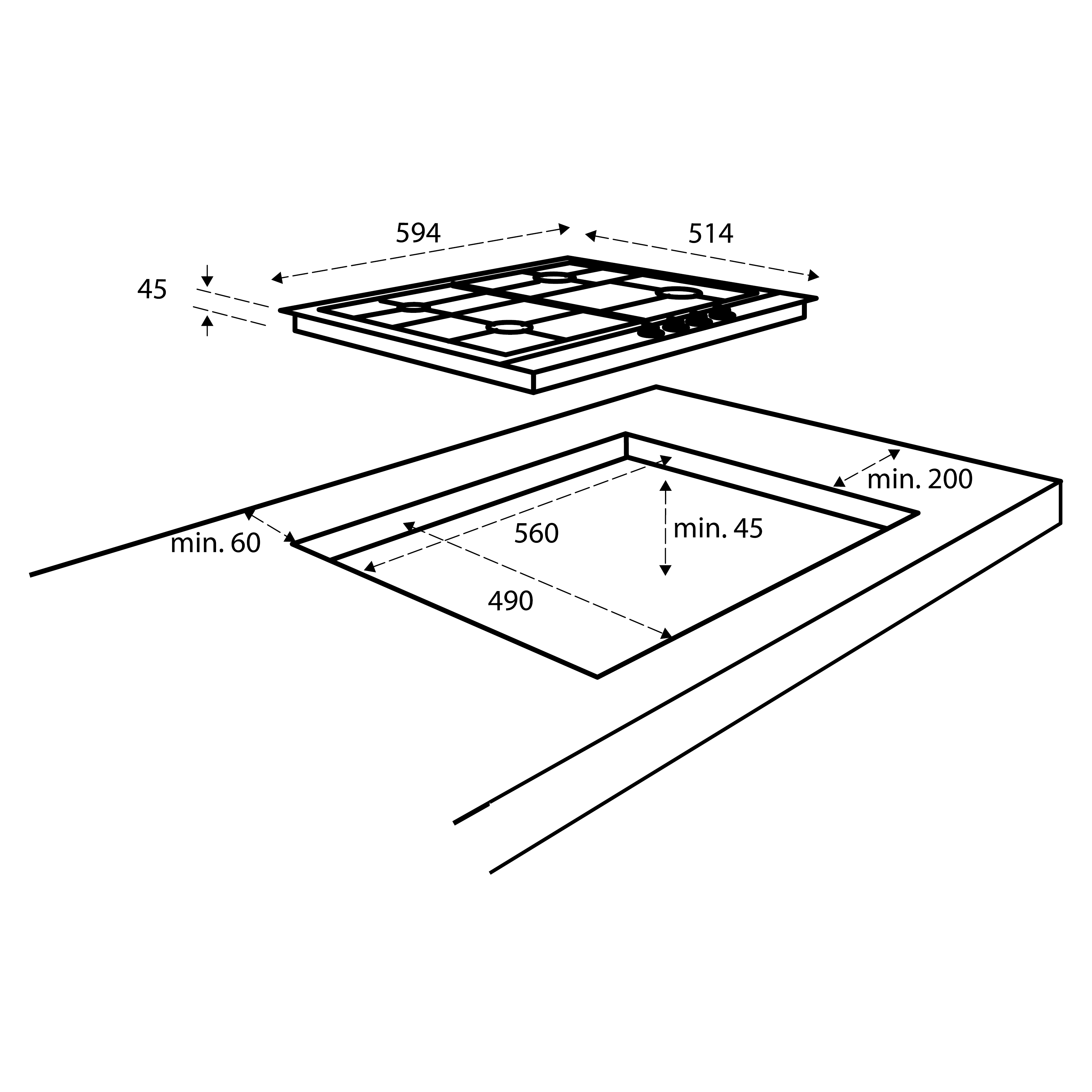 Diagram van een kookplaat en de afmetingen, met een uitsnede plan voor installatie, met metingen.