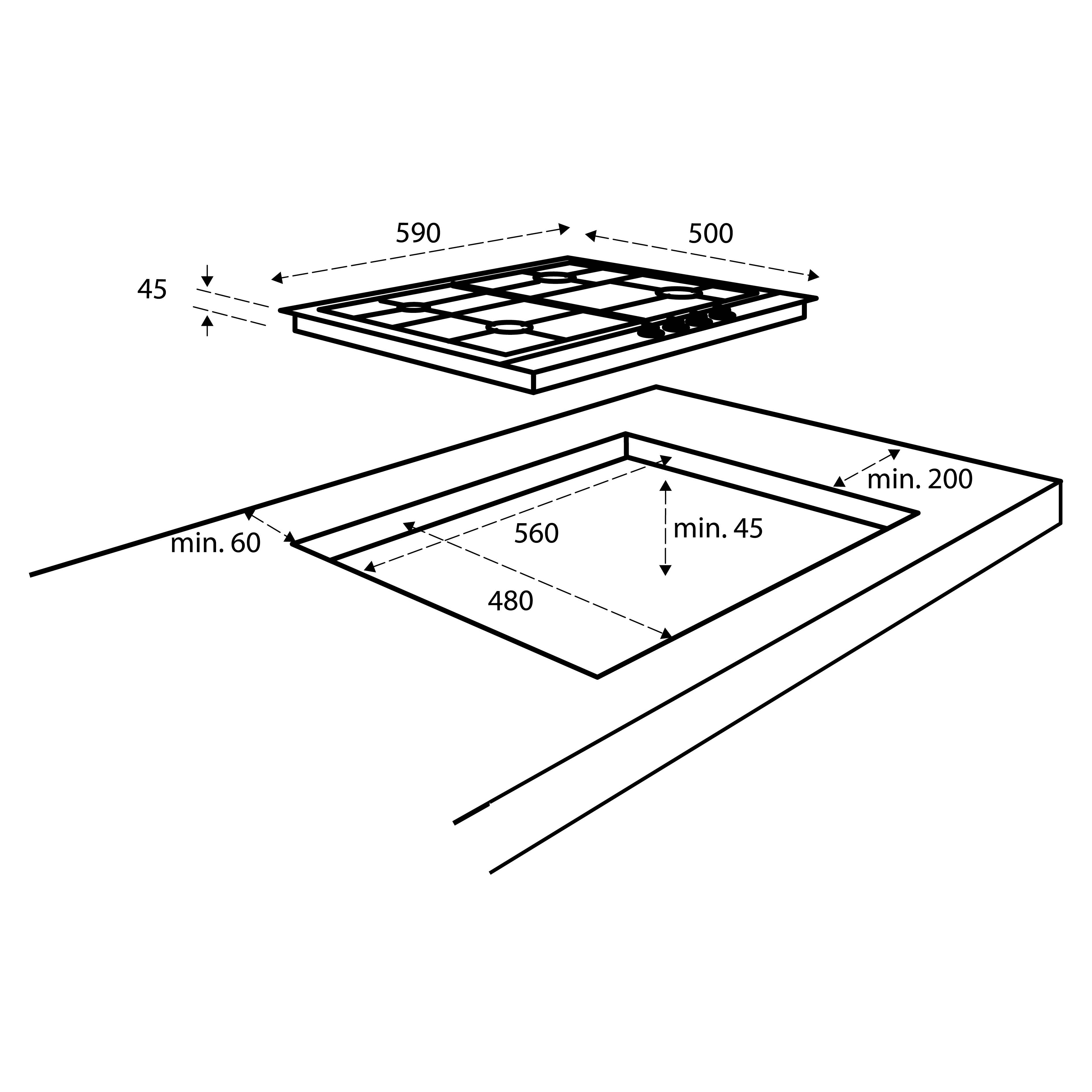 Diagram van een kookplaat en de uitsparing afmetingen. Toont afmetingen in mm, inclusief breedte, diepte en minimale afstanden.