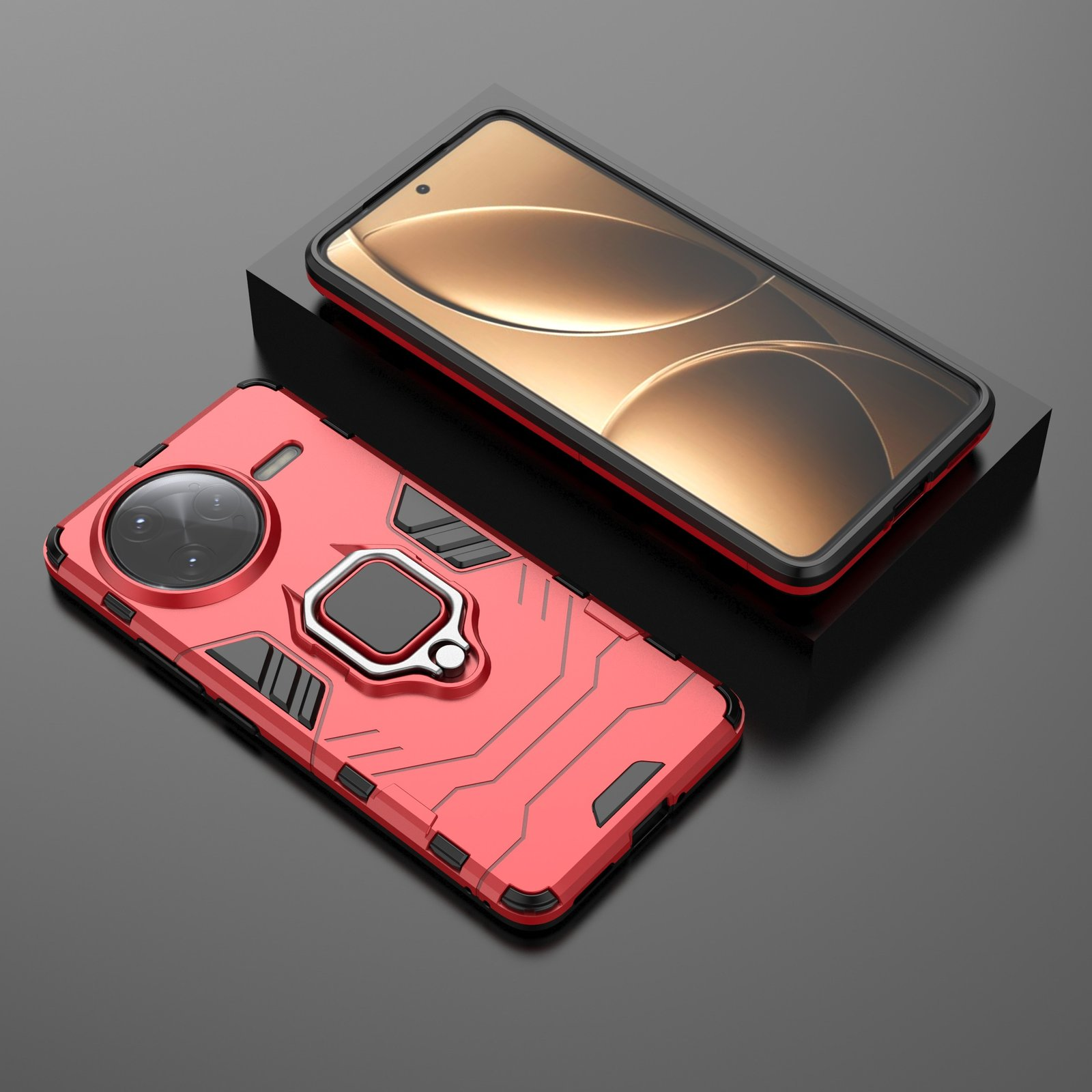 Funda de teléfono roja con soporte de anillo plateado y teléfono negro. El teléfono está sobre una superficie negra, con una pantalla encima.