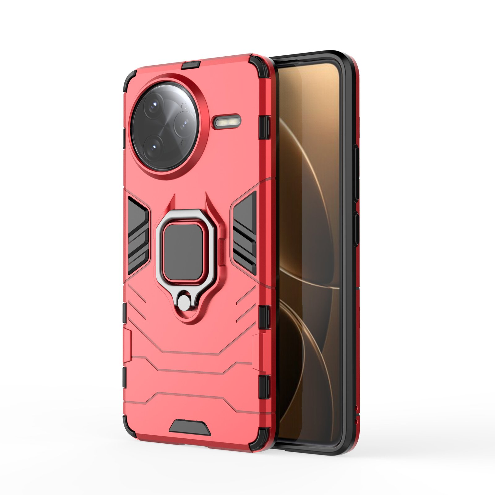 Una funda roja con un teléfono dentro. La funda tiene detalles de cámara y anillo. La pantalla del teléfono tiene un degradado marrón.