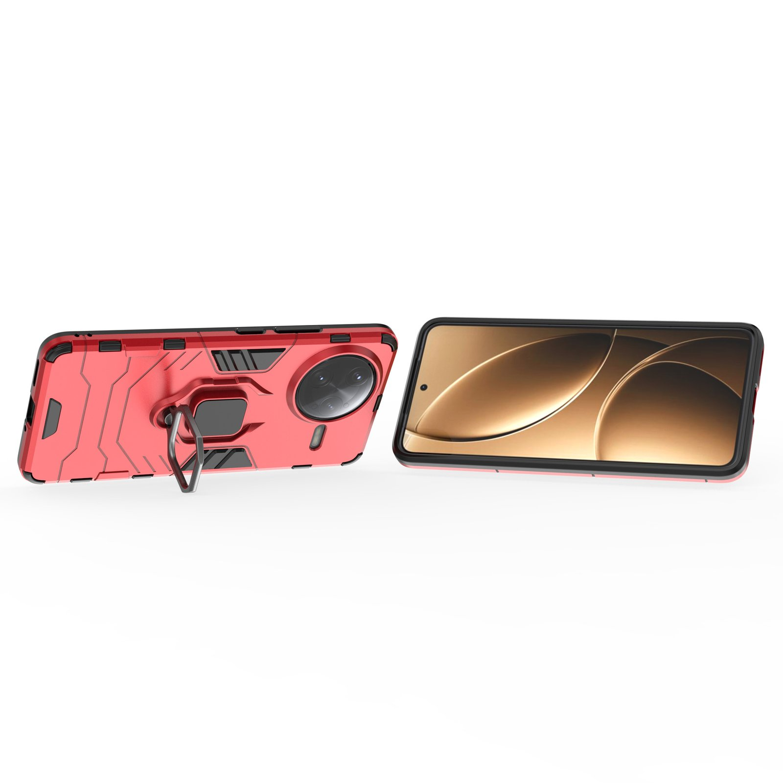 Funda de teléfono roja con soporte de anillo y un teléfono. El teléfono muestra un patrón dorado. Ambos sobre fondo blanco.