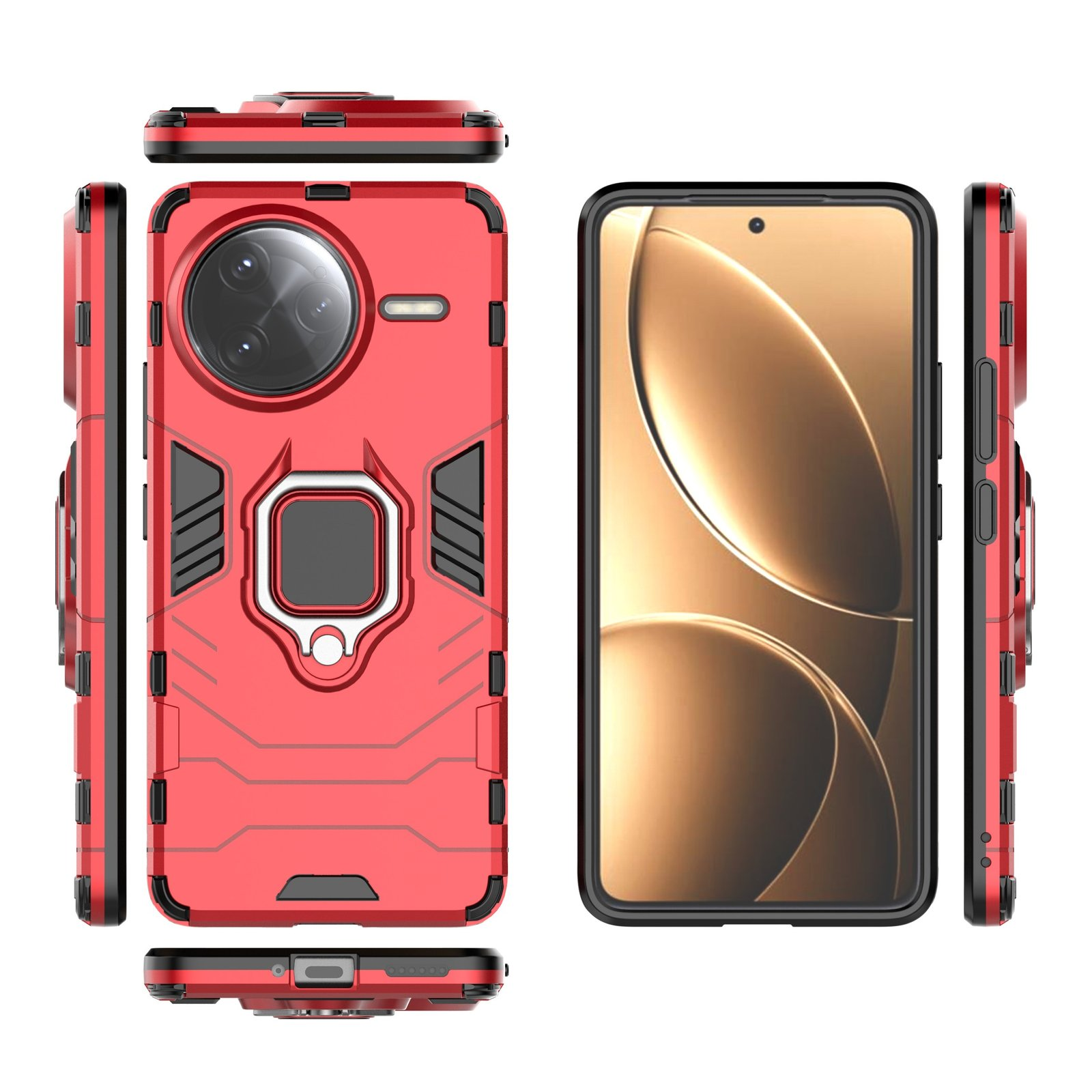 Funda roja y teléfono. La funda es robusta, con un soporte de anillo. La pantalla del teléfono muestra un degradado dorado.