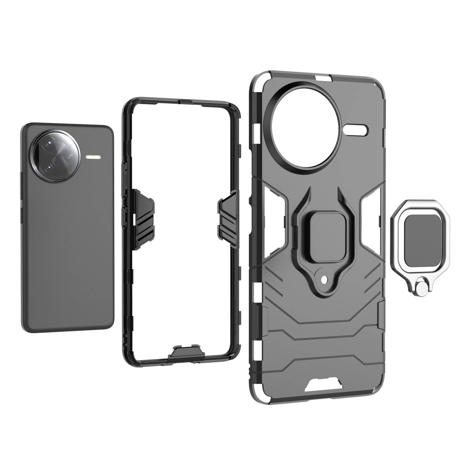 Una funda gris para teléfono con soporte, teléfono y marco separados. Todos los elementos son grises sobre fondo blanco.
