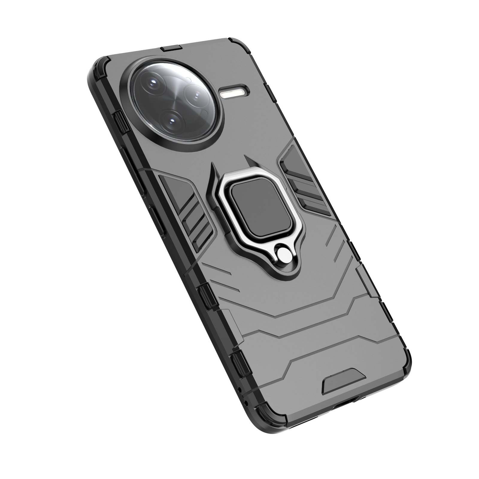 Funda gris para teléfono con marco negro, recorte de cámara y soporte de anillo plateado. El fondo es blanco.