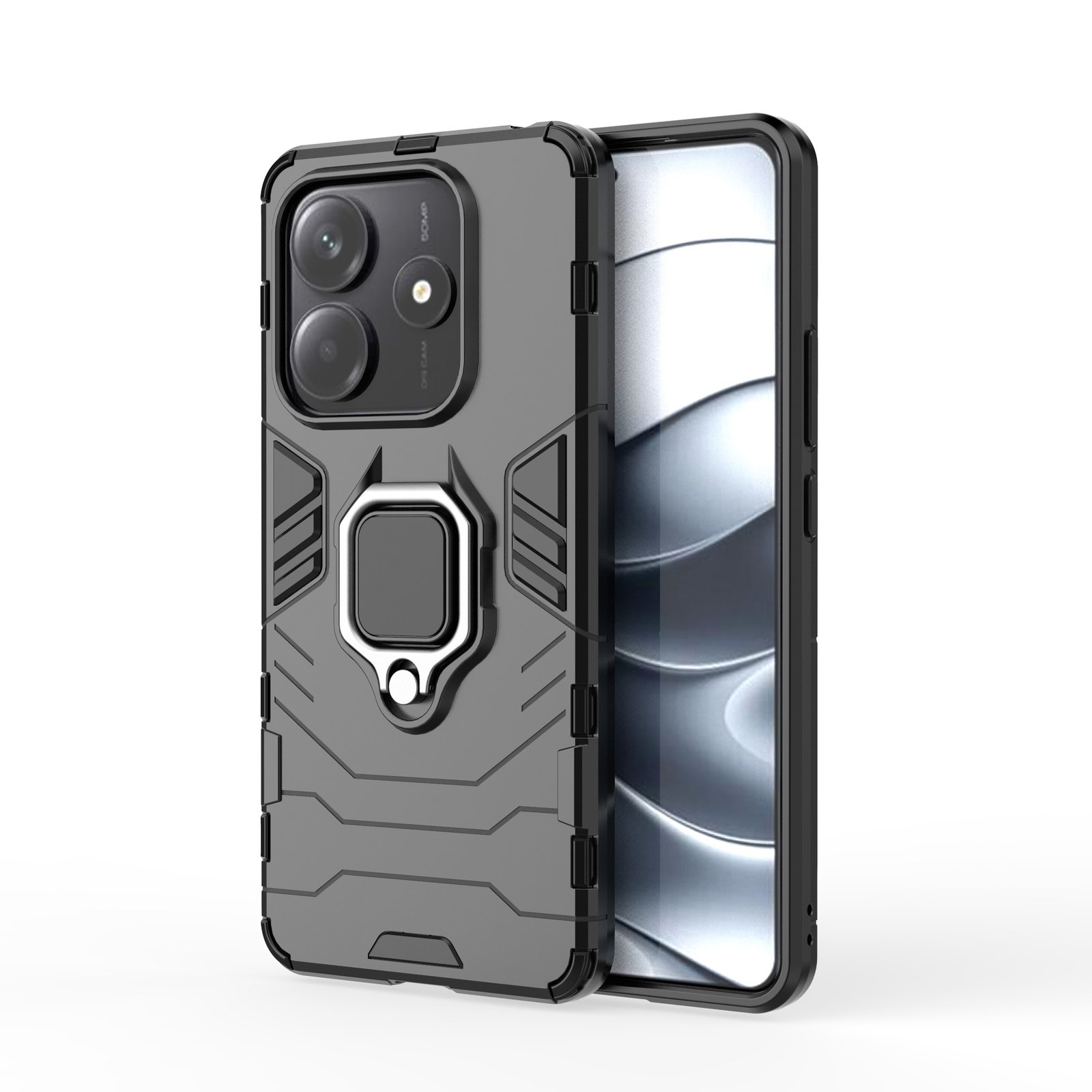 Una funda gris para teléfono con soporte de anillo, que protege un teléfono negro con una pantalla que muestra un patrón de luz.