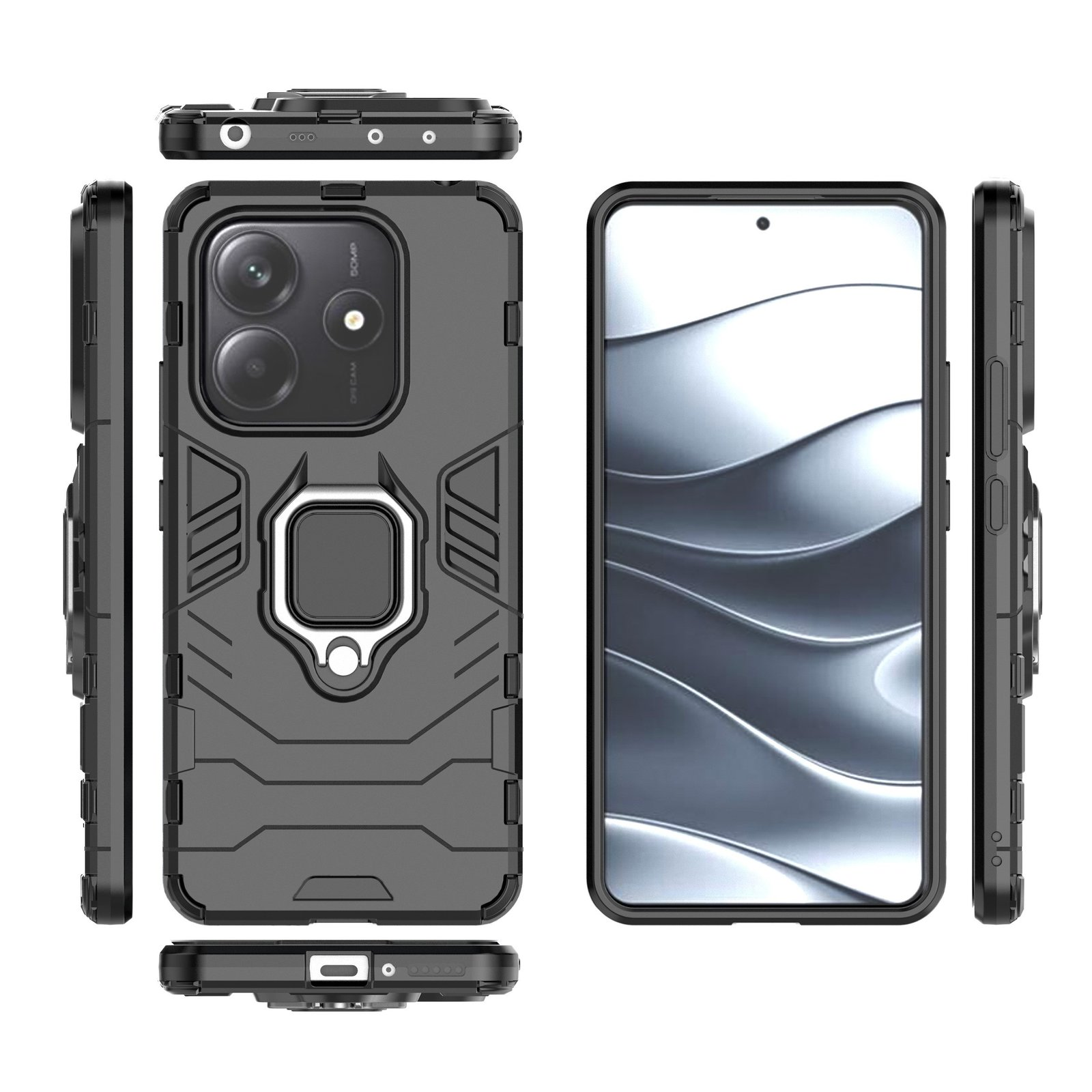 Una funda para teléfono inteligente con un teléfono dentro. La funda es negra con un soporte de anillo y tiene recortes para la cámara.