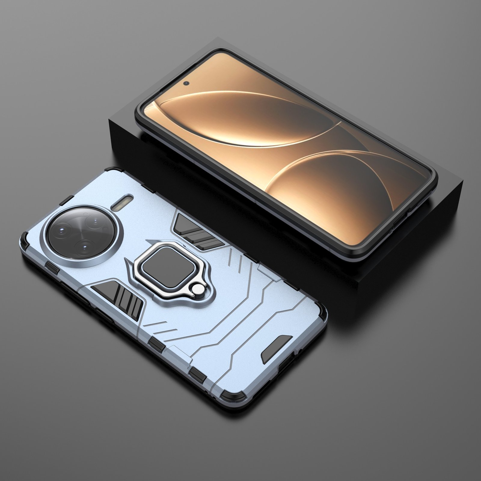 Un teléfono y una funda azul claro con soporte de anillo sobre una superficie negra.