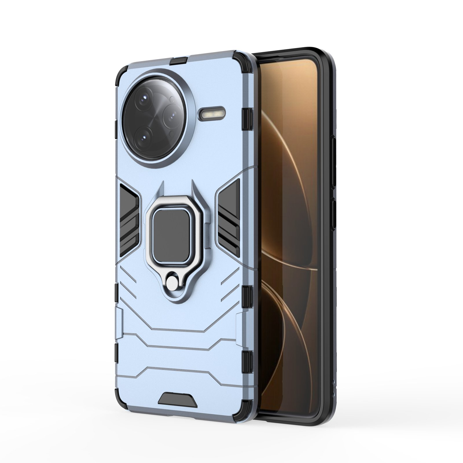 Una funda de teléfono azul claro con marco negro y un teléfono con pantalla marrón.