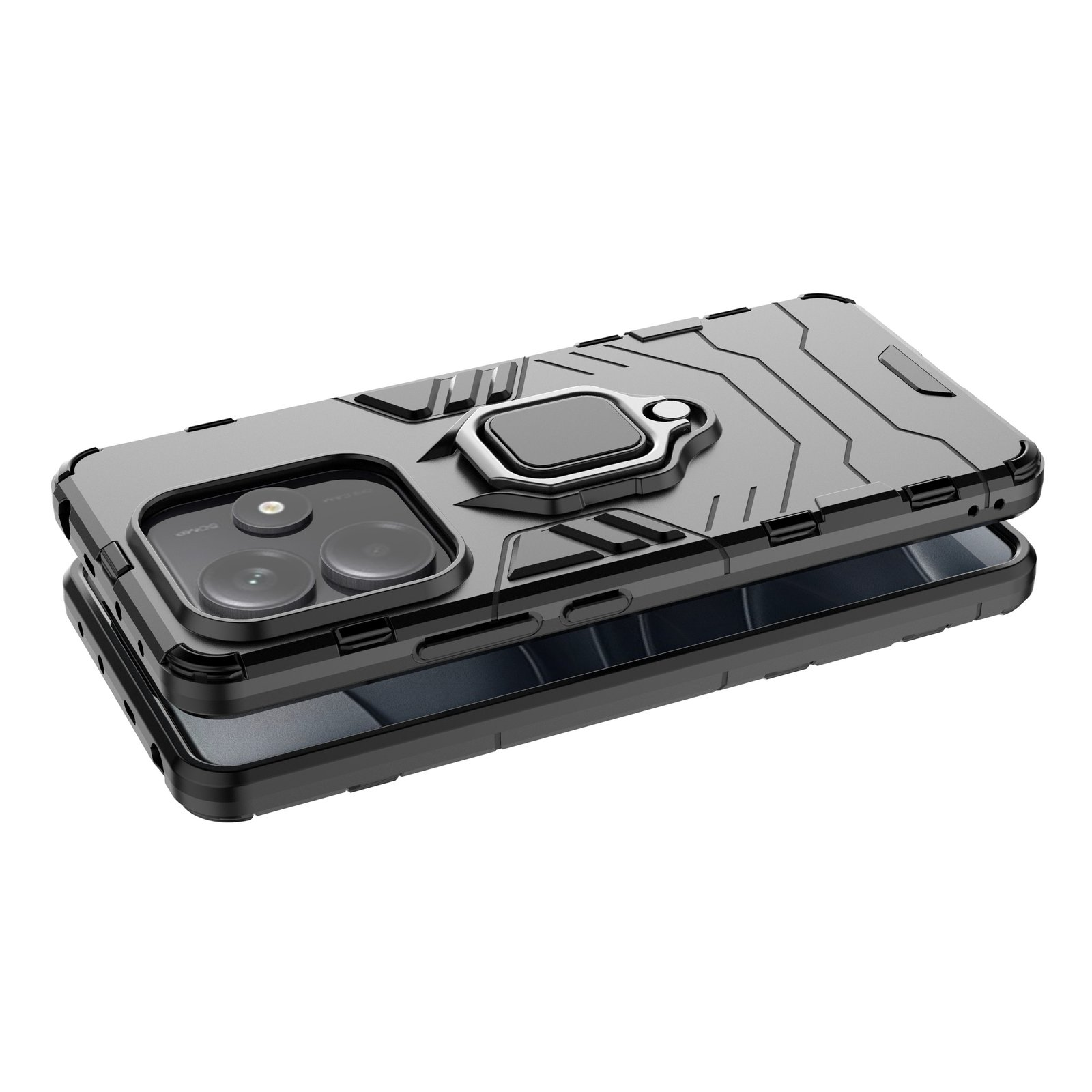Una funda negra para teléfono con soporte de anillo y lente de cámara. La funda está abierta, revelando la parte trasera.