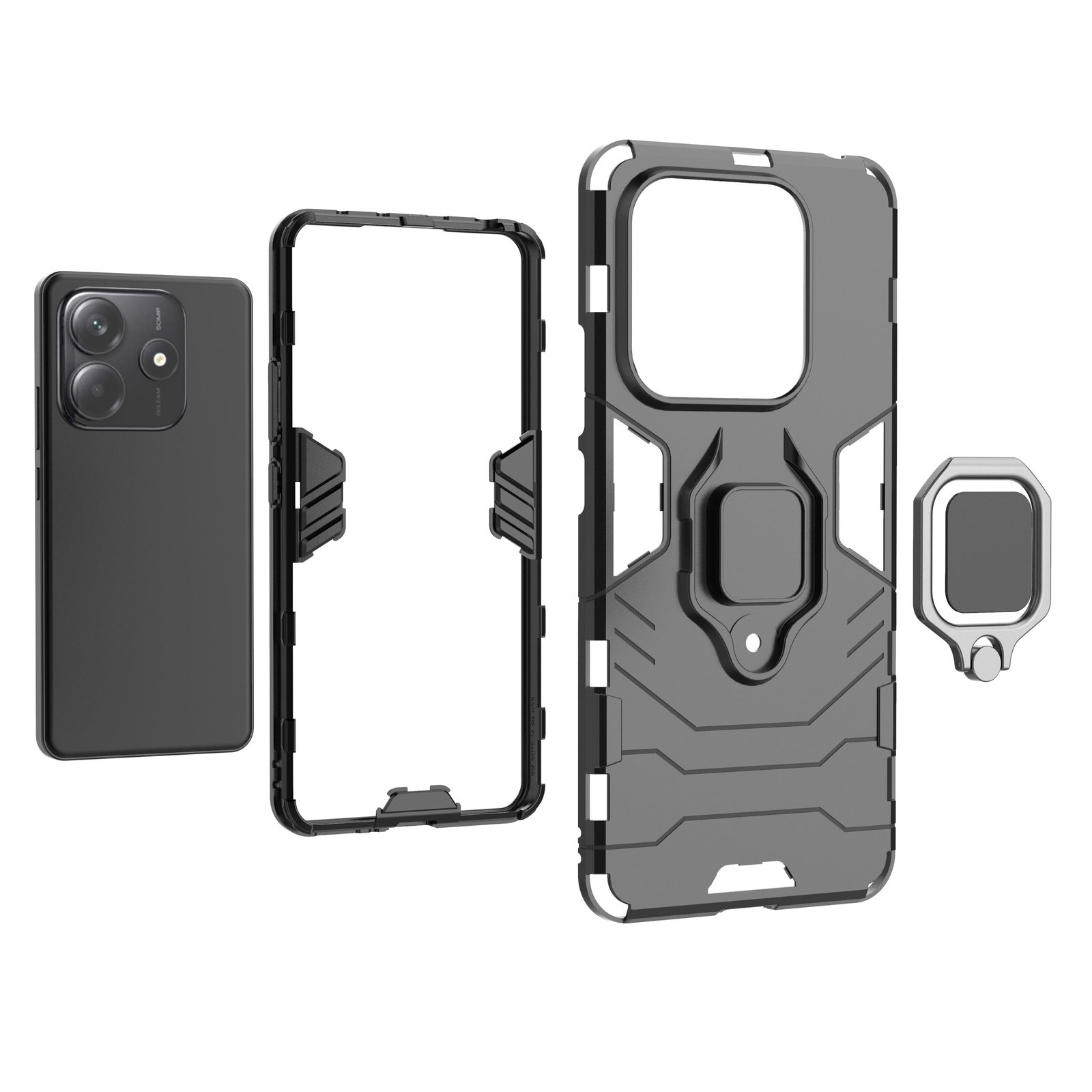Componentes de la funda del teléfono: teléfono, marco, cubierta trasera y soporte de anillo, todos grises, aislados.
